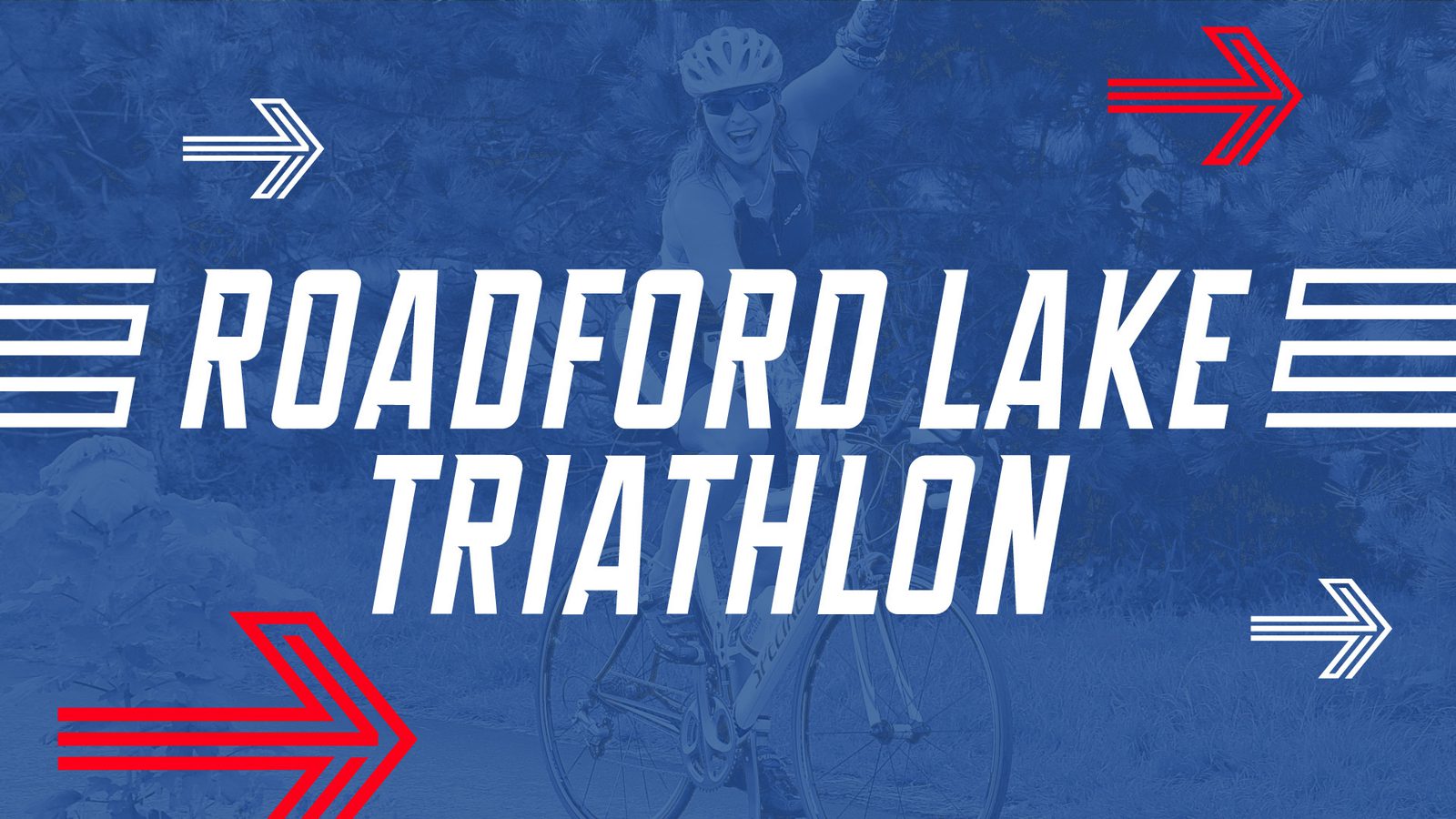 Background image of a cyclist wearing a helmet and sunglasses, smiling and raising one arm. Overlaid text reads "Roadford Lake Triathlon" in bold white letters, surrounded by red and white arrow graphics pointing left and right, all on a blue background.