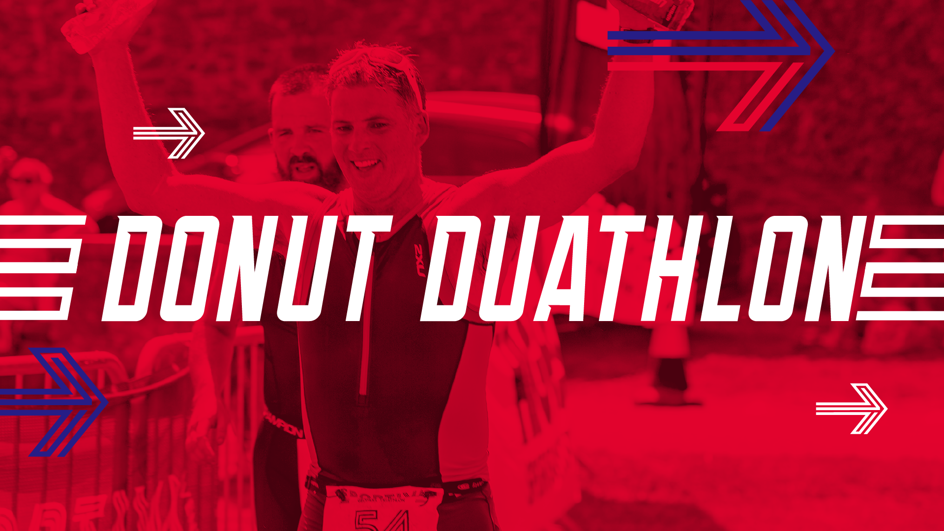 A triathlete, in a sleeveless athletic outfit with a race bib numbered 54, smiles with arms raised triumphantly at the finish line of a race. The overlayed text reads "Donut Duathlon" in large, bold letters with decorative arrows and lines.