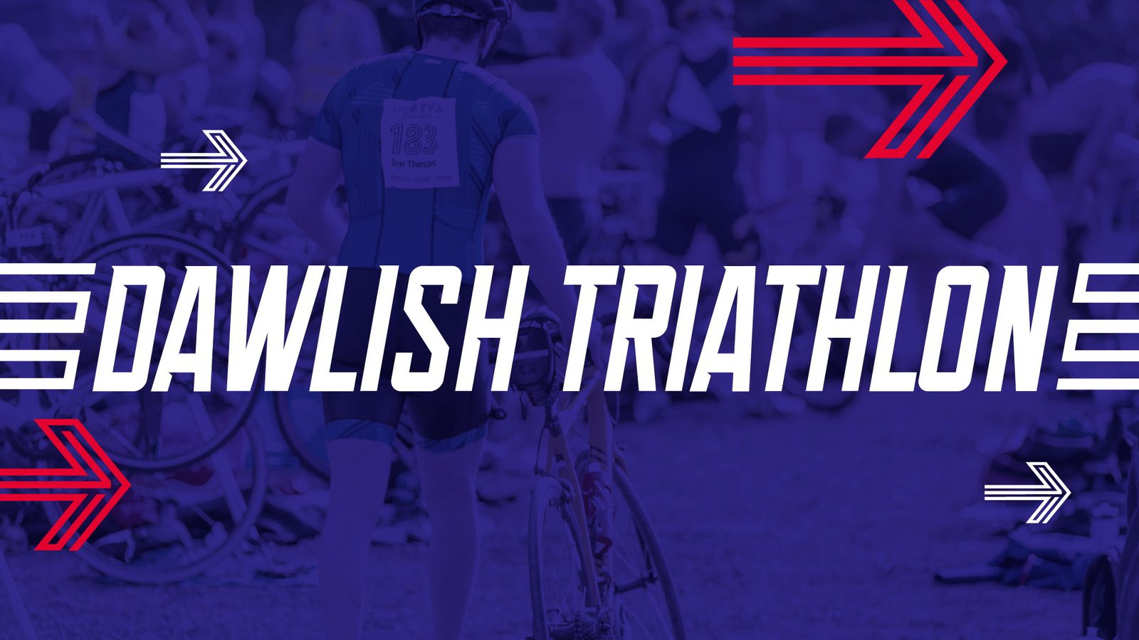 Image background shows a blurred triathlon participant walking with a bicycle. Foreground text reads "Dawlish Triathlon" in bold, white letters, over a blue overlay. Red and white arrows point left and right, with three horizontal red lines in the top right.