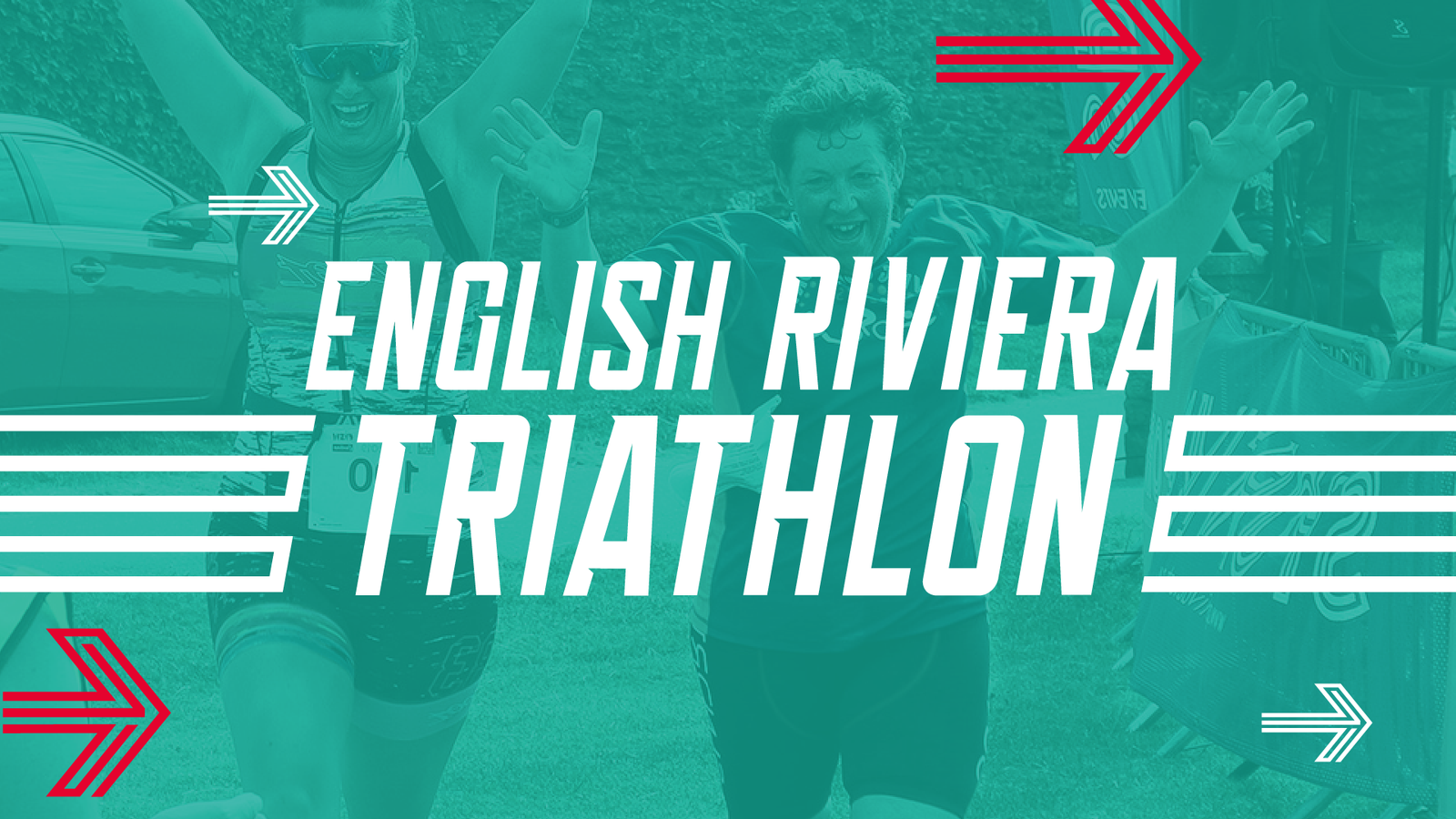 Two excited participants, arms raised in victory, cross the finish line at the English Riviera Triathlon. Bold text overlays the image, reading "English Riviera Triathlon," with red arrows and graphic elements accentuating the dynamic scene.