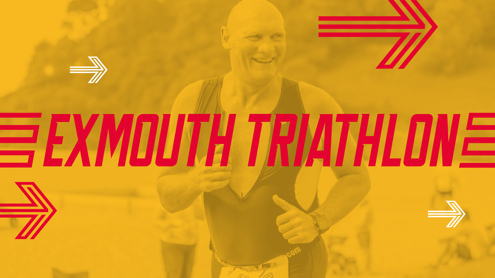 A smiling man in a triathlon suit is running with the text "EXMOUTH TRIATHLON" in bold red letters and red arrows pointing in opposite directions overlaying the image. The background is a warm yellow hue, suggesting an outdoor setting.