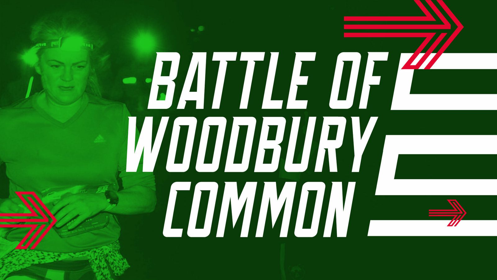 A person wearing a headlamp and running gear, appears in a green-tinted image alongside bold text that reads "BATTLE OF WOODBURY COMMON" with red arrows pointing to the right.