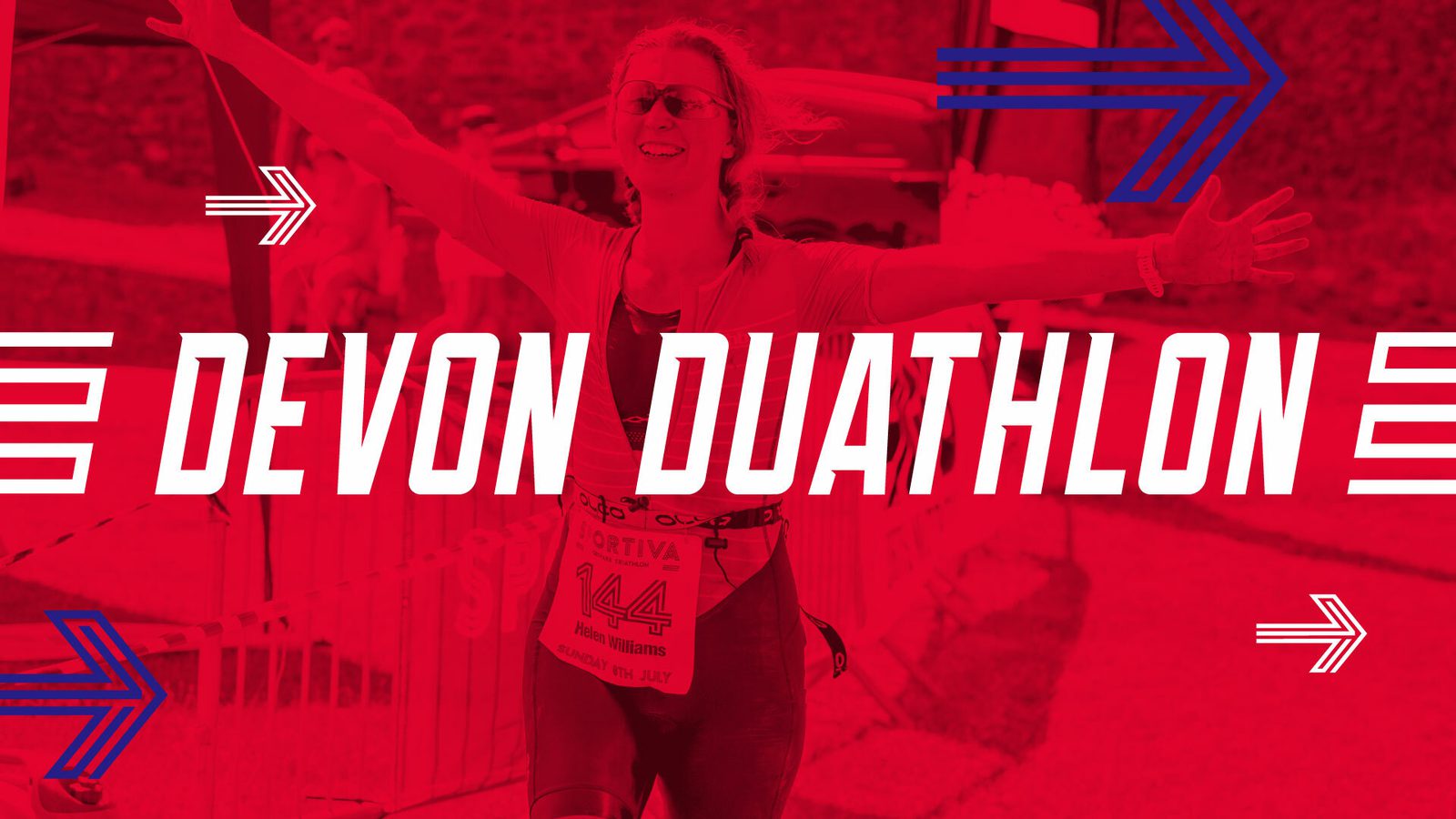 A person wearing athletic gear celebrates with arms spread after completing a race. The text "DEVON DUATHLON" is prominently displayed over the image in bold letters. The image is tinted red with blue arrows and stripes for decorative effect.