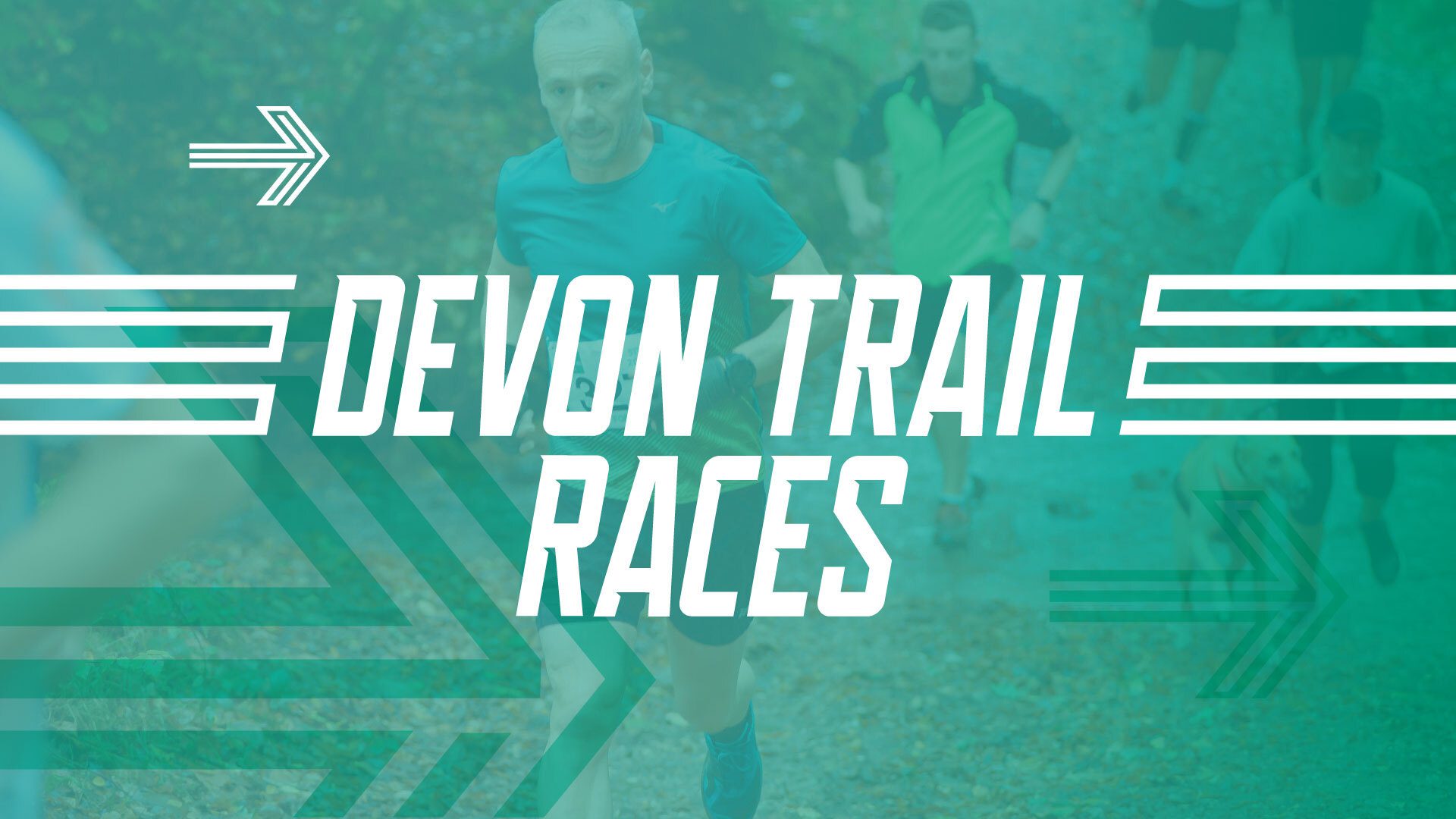 A group of runners navigate a forest trail during an outdoor race, with the bold text "Devon Trail Races" in the center surrounded by stylized graphic arrows. The image has a green overlay that partially obscures the background.
