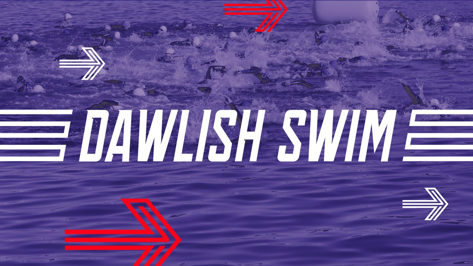 A group of swimmers participate in an open-water race, creating splashes in the water. The text "Dawlish Swim" appears boldly in the center, overlaid with white and red arrows pointing to the right. The image has a blue and purple color overlay.