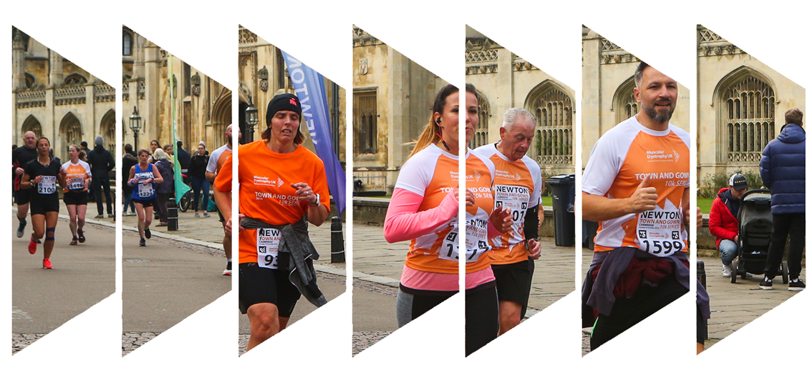 A collage of six triangular sections showing runners participating in a race. The runners wear orange shirts with race numbers pinned on them. The background reveals a historic building and spectators.