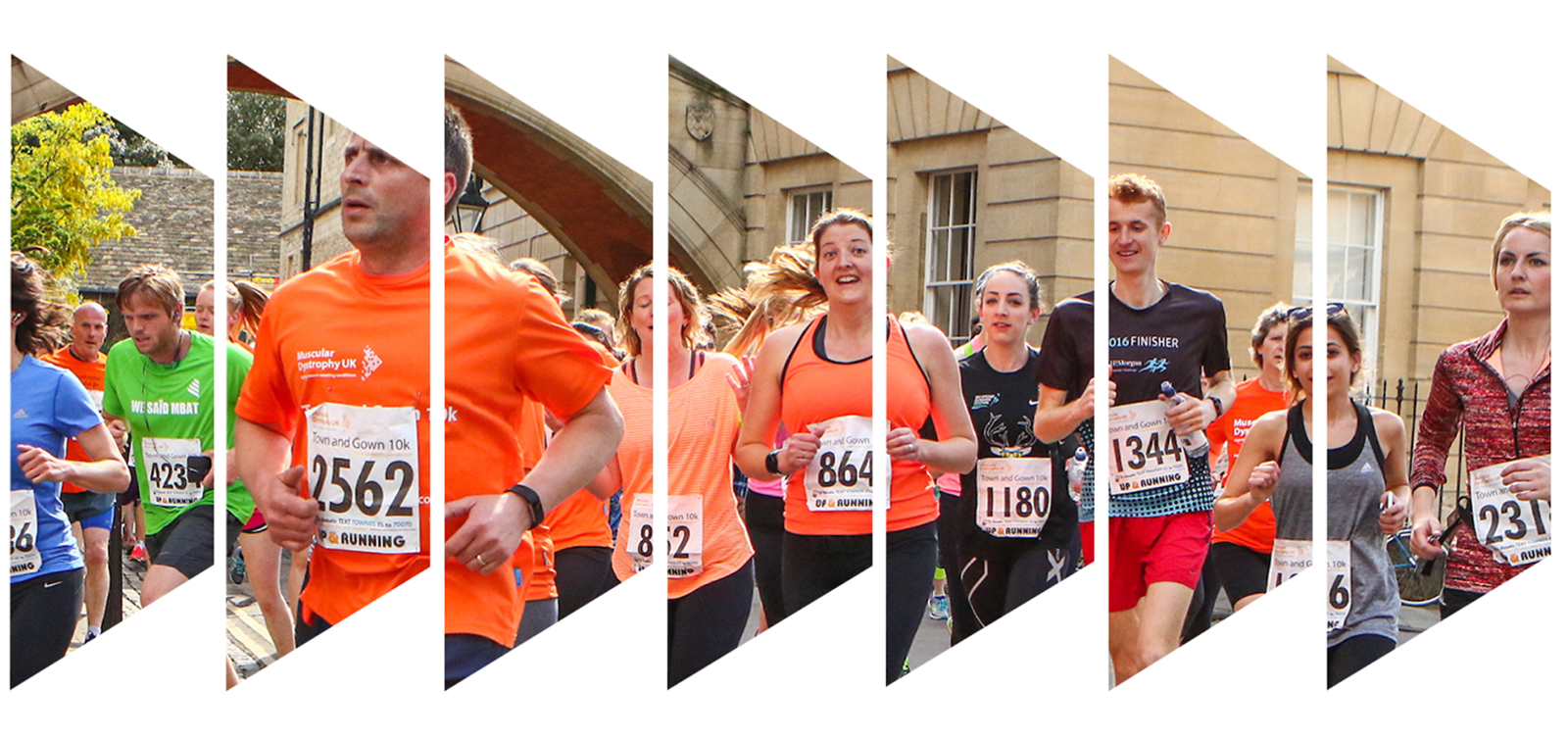 A collage of runners participating in a race, each section highlighting different runners wearing numbered bibs and athletic gear. The background shows urban buildings and a few spectators. The runners appear focused and determined.