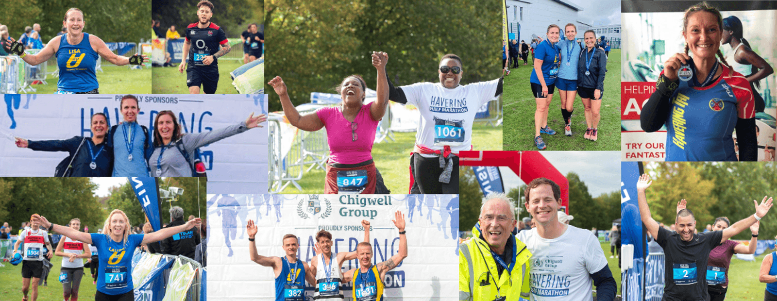 A collage of various individuals participating in a running event. Some are posing with medals, while others share jubilant moments with fellow runners. All display a sense of accomplishment and joy, set against outdoor and urban backdrops.