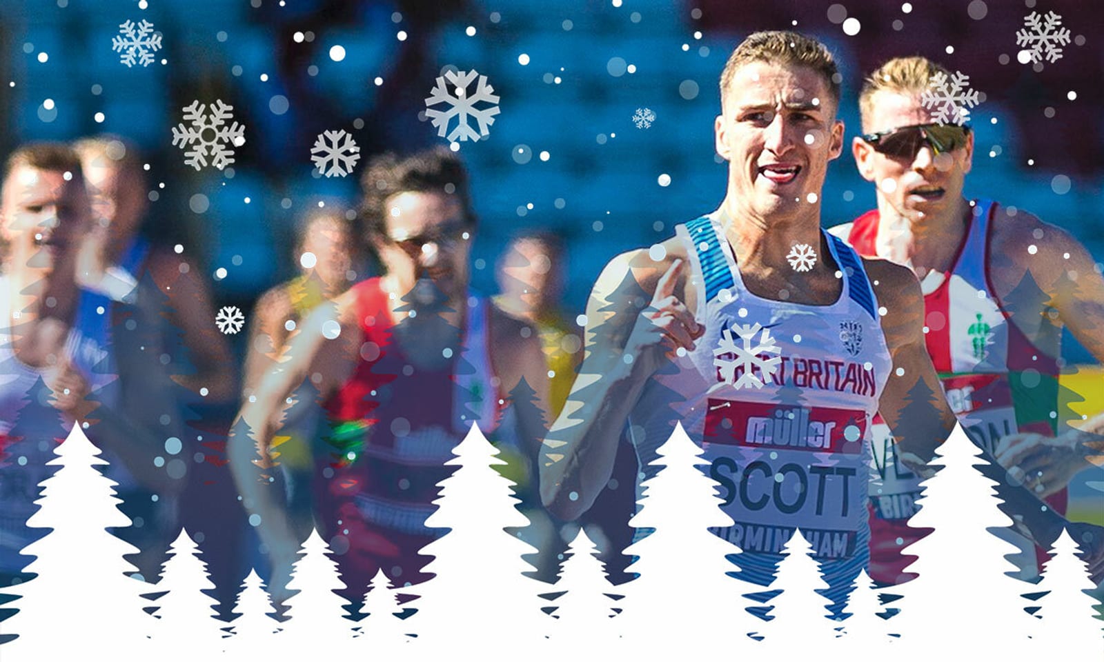 Athletes running in a race with a snowy, festive overlay. Snowflakes and Christmas trees decorate the image. The main runner in focus is wearing a white jersey with "Great Britain" and "Scott" on it, while others are blurred in the background.