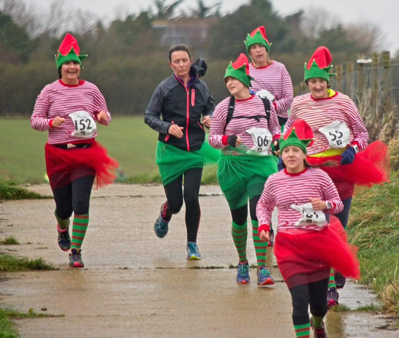 A group of five people, four dressed in red-and-green elf costumes and one in black sportswear, are running on a paved path outdoors. The participants have race numbers pinned to their outfits and appear to be taking part in a fun run or holiday-themed event.
