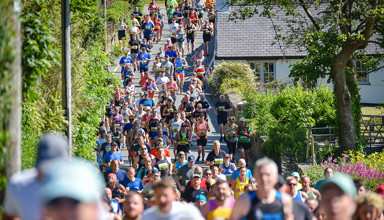 A large group of runners participating in an outdoor race, running uphill on a sunny day. They are surrounded by lush greenery and a house in the background. The runners wear a variety of colorful athletic gear.