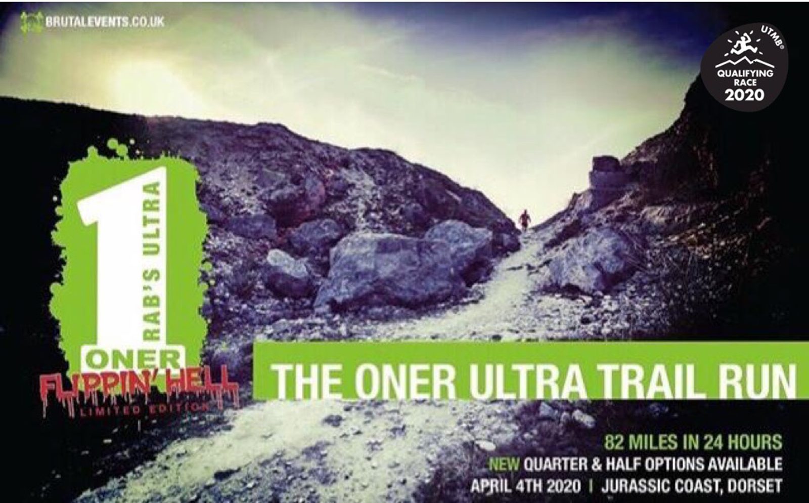 A rugged trail with rocky terrain under a cloudy sky. A small figure of a runner can be seen in the distance. Text details: "The Oner Ultra Trail Run," "82 Miles in 24 Hours," and event date/location as "April 4th, 2020 | Jurassic Coast, Dorset.
