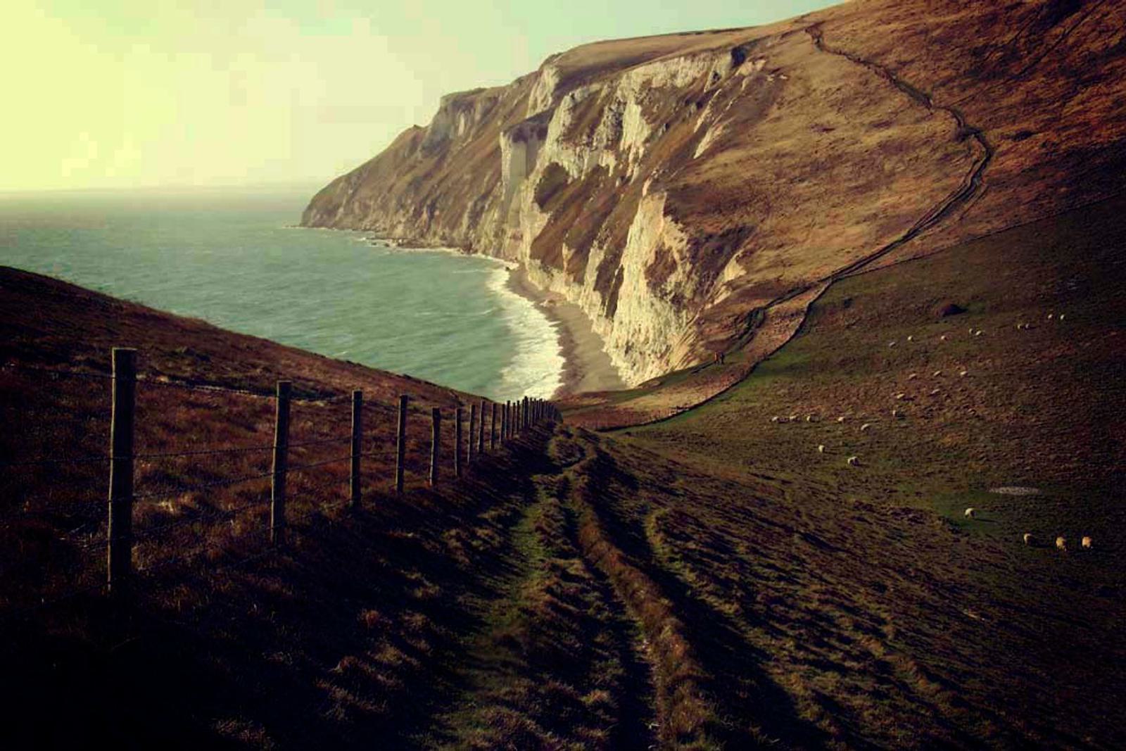 A coastal cliffside path leads down to the beach. The steep cliffs, partially covered in grass, meet the blue ocean. A fence runs along the right side of the path. The sky is overcast, casting a serene atmosphere over the landscape.