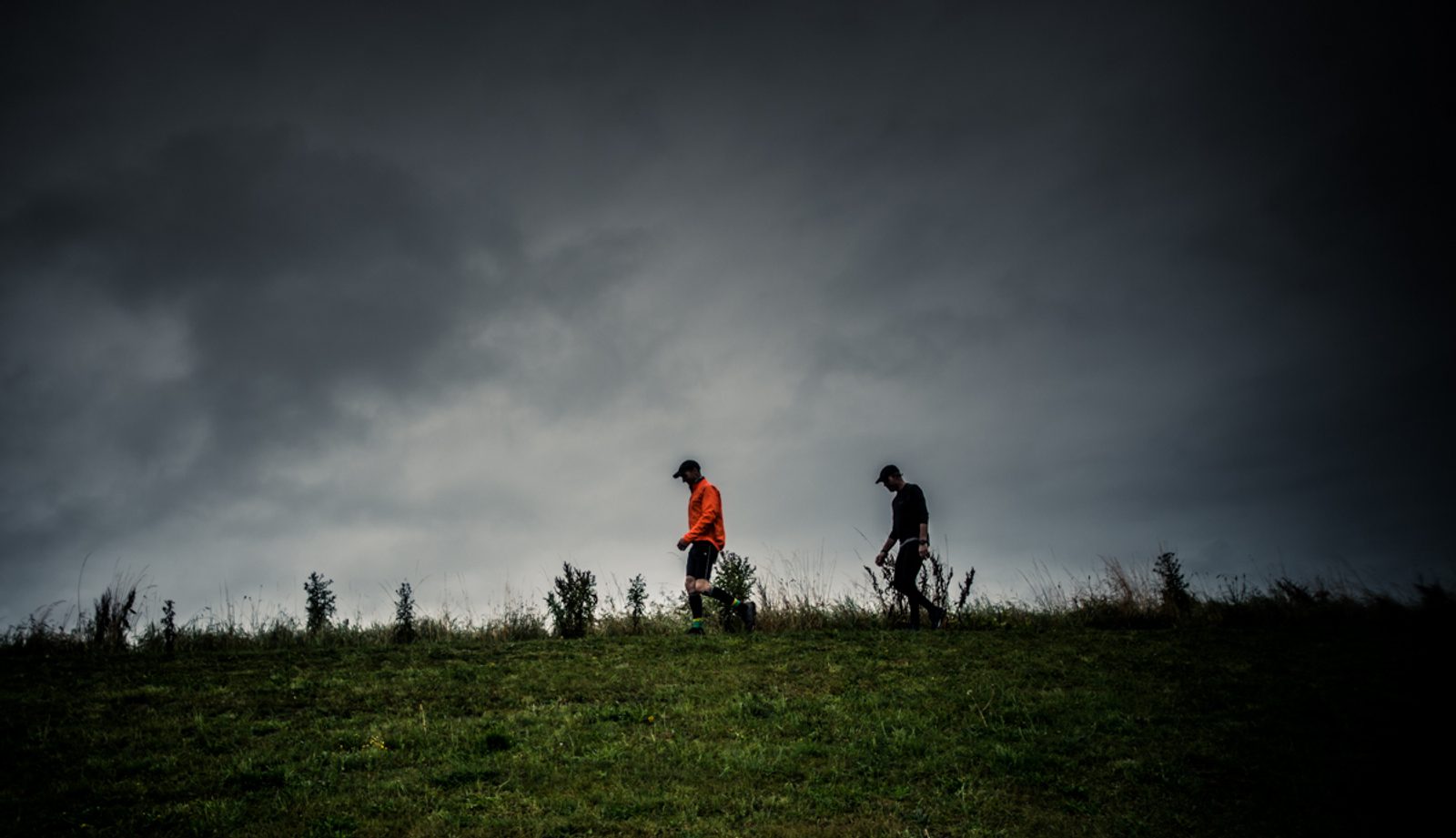 Two people walk along a grassy hill under a dark, cloudy sky. One wears an orange jacket, while the other is dressed in darker clothing. The scene has a moody and overcast atmosphere. Trees and tall grass line the horizon.