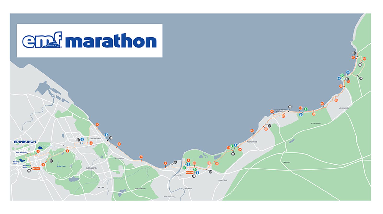 A map showing the route of the Edinburgh Marathon Festival along the coast. The route is marked with various icons indicating water stations, toilets, mile markers, and support points, starting in Edinburgh and extending eastwards along the shoreline.