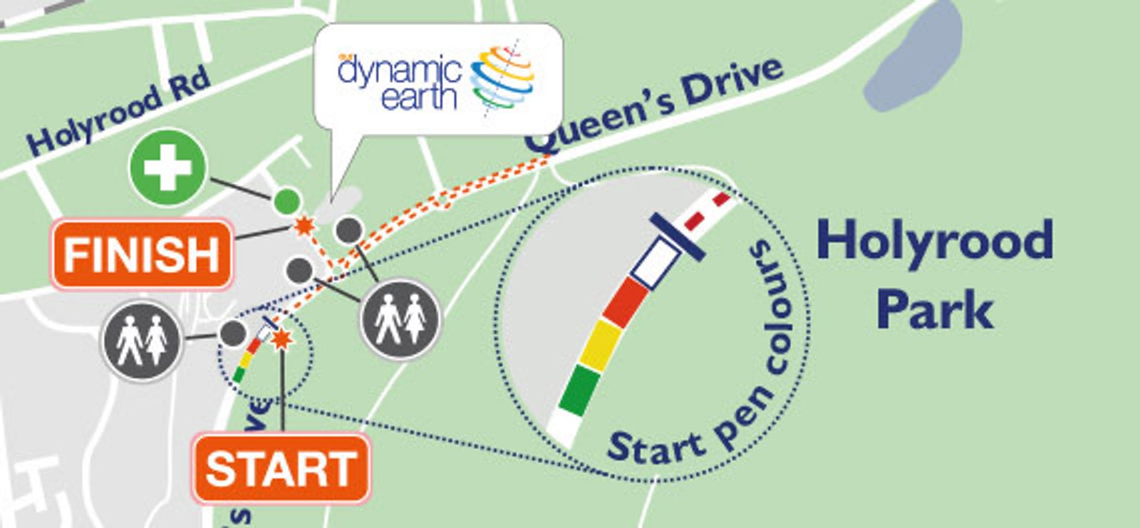 Map showing the route for an event in Holyrood Park. The starting point with a rainbow-colored marker is labeled "START," and the endpoint is marked "FINISH" near Holyrood Rd. The Dynamic Earth attraction is shown near the route's beginning.