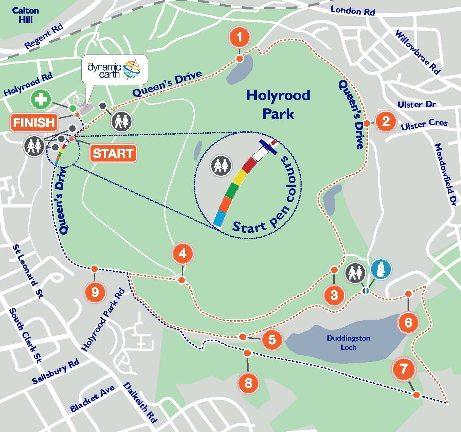 A colorful map showcasing a race route through Holyrood Park. Starting and finishing points are marked with a red and a green flag respectively. The route includes markers 1-8, passing key points such as Duddingston Loch and areas along Queen's Drive and Holyrood Road.