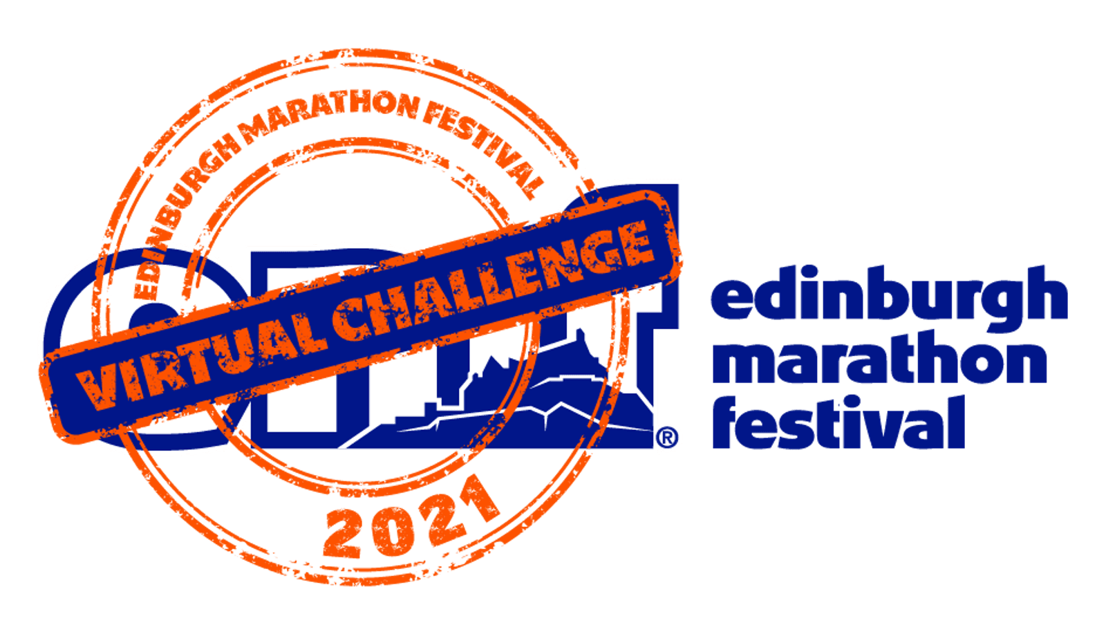 Logo for the Edinburgh Marathon Festival 2021 Virtual Challenge. The logo features a stylized runner and the Edinburgh skyline within an orange circular stamp that reads "VIRTUAL CHALLENGE 2021". The text "EDINBURGH MARATHON FESTIVAL" is to the right in blue.