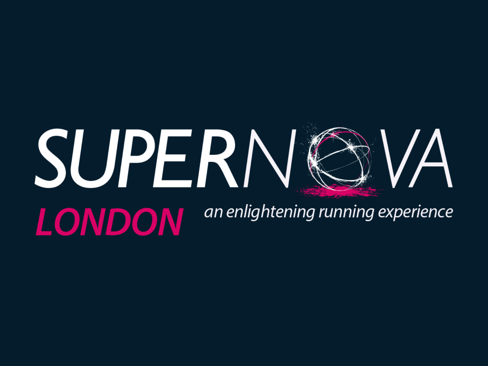 Logo for the Supernova London event featuring stylized text. The word 'Supernova' is in white with a glowing pink and white stylized 'O'. 'London' is written in pink below 'Super', and the tagline 'an enlightening running experience' is in white below 'Nova'.