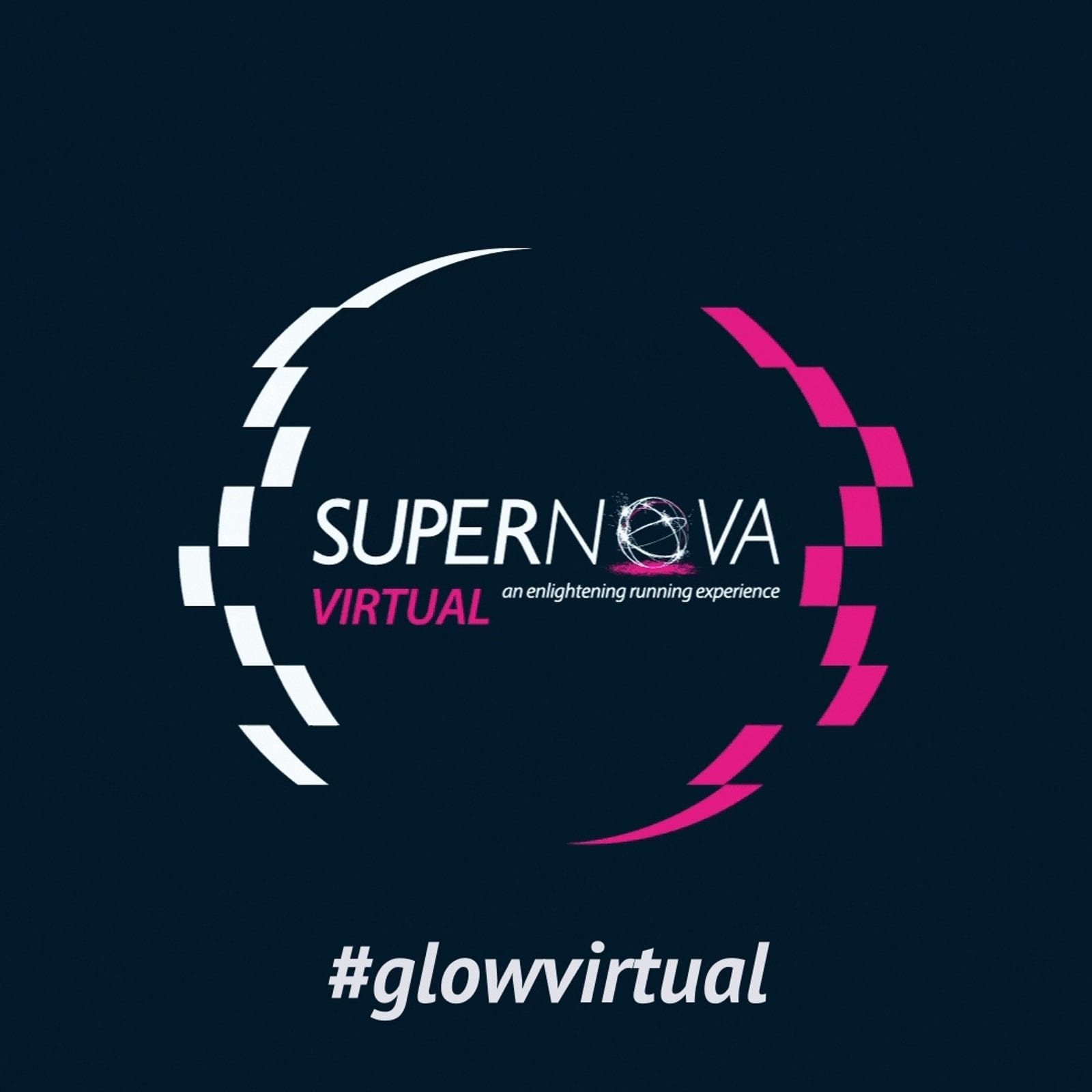 A black background features the text "SUPERNOVA VIRTUAL an enlightening running experience" in white and pink, encircled by segmented curves in white and pink. Below, the text "#glowvirtual" is displayed in white.