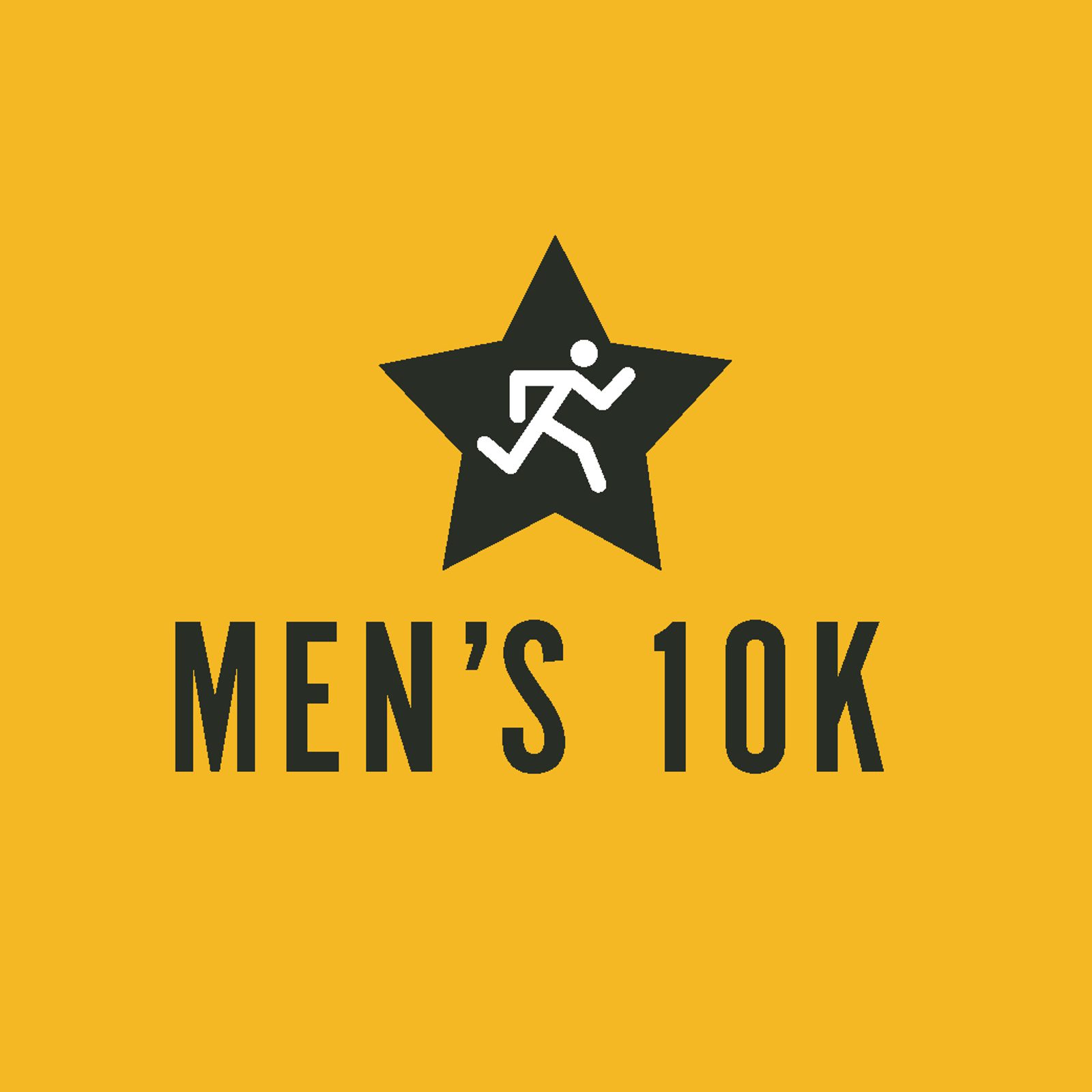 A minimalist logo features a black star with a white silhouette of a running figure inside it, set against a yellow background. Below the star, bold black text reads "MEN’S 10K.