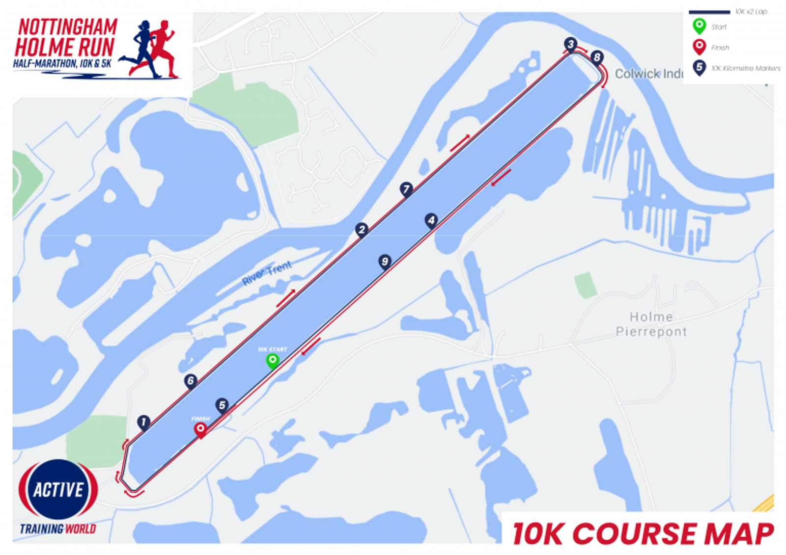 Map of the Nottingham Holme Run 10K course. The route follows a straight path along the river, looped on both ends, starting and finishing near Colwick Ind: Prominent waypoints, km markers, and the Nottingham Women Canoe River Trent are shown.
