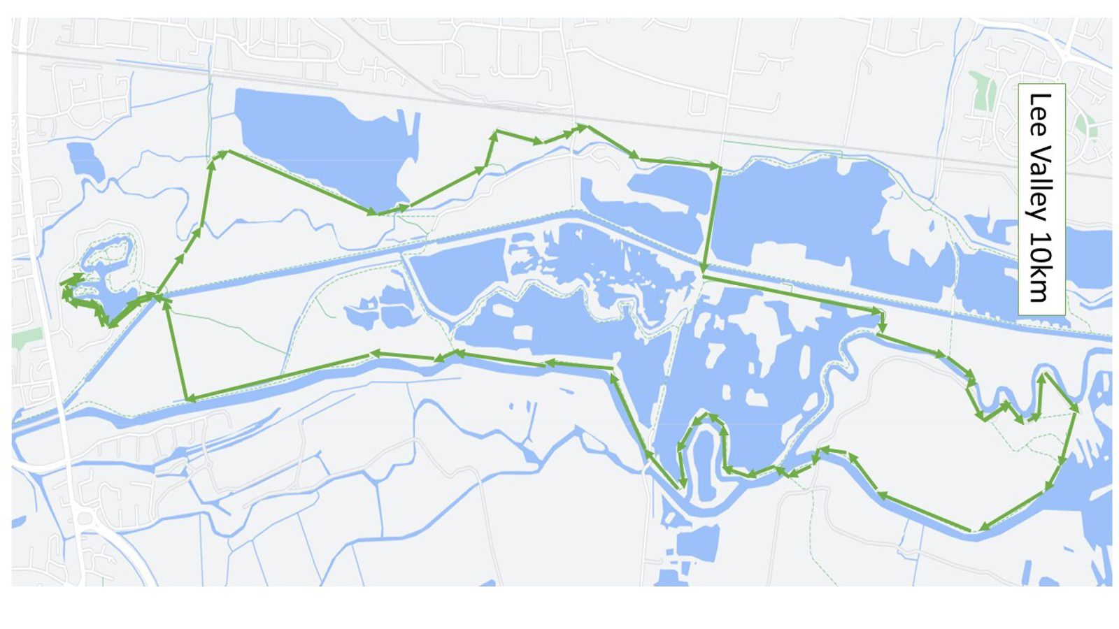 A map showing the route of the Lee Valley 10km run. The path is outlined in green, winding through various water bodies and landscapes within the Lee Valley area. Key landmarks and water features are visible, providing an overview of the running course.