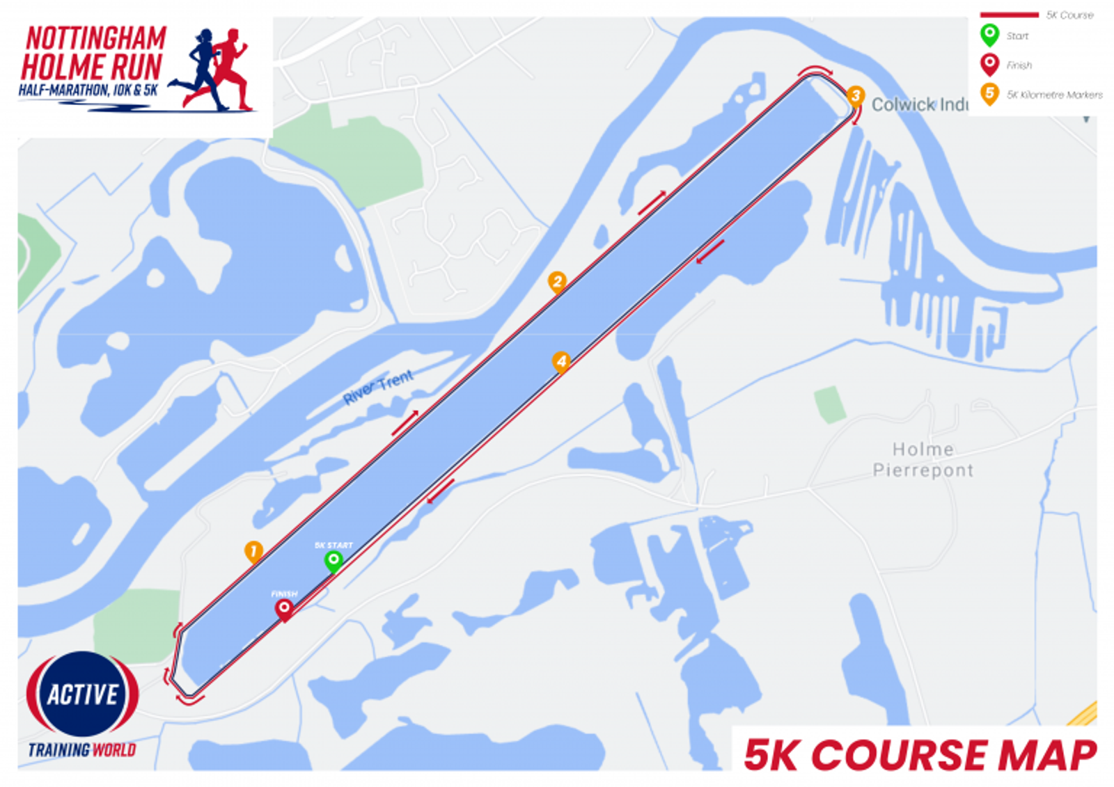 A map of the Nottingham Holme Run 5K course is shown. The route is a straight, elongated loop and labeled with starting and ending points, water stations, and kilometer markers. Key locations such as the river and Holme Pierrepont are indicated.
