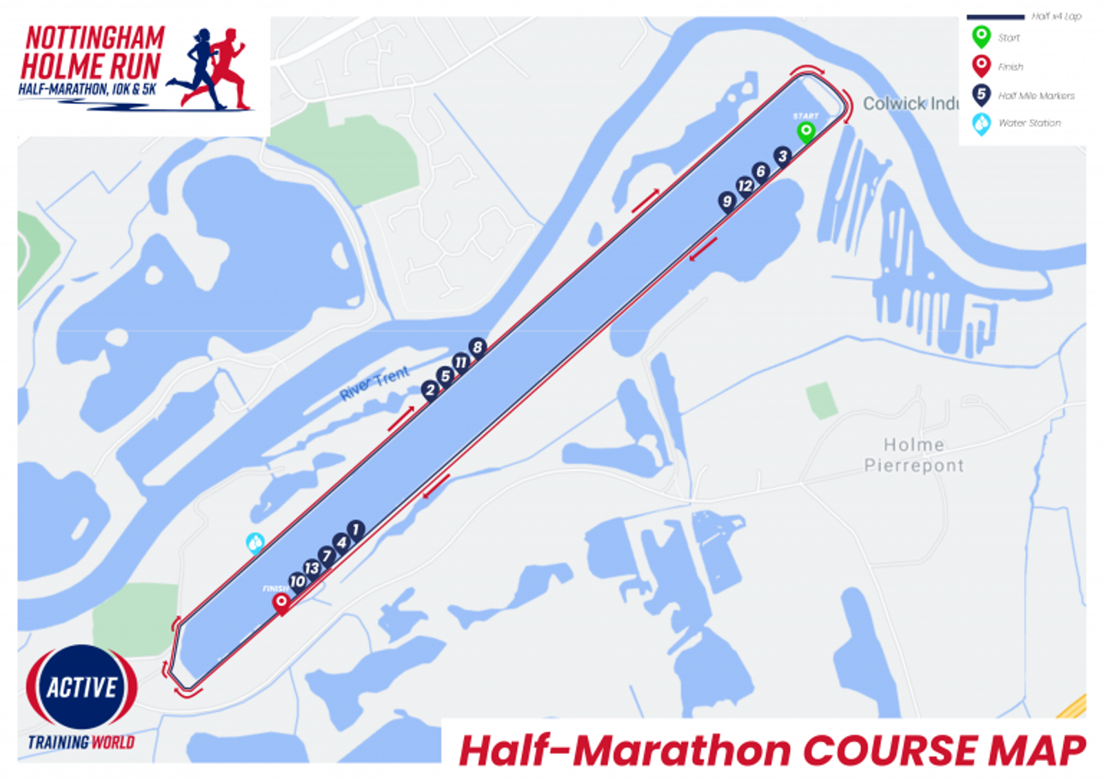 Map of the Nottingham Holme Run half-marathon course. The map outlines the route starting at Colwick Industrial Estate, following the River Trent, looping around Holme Pierrepont, and returning. Key locations, mile markers, and water stations are marked.