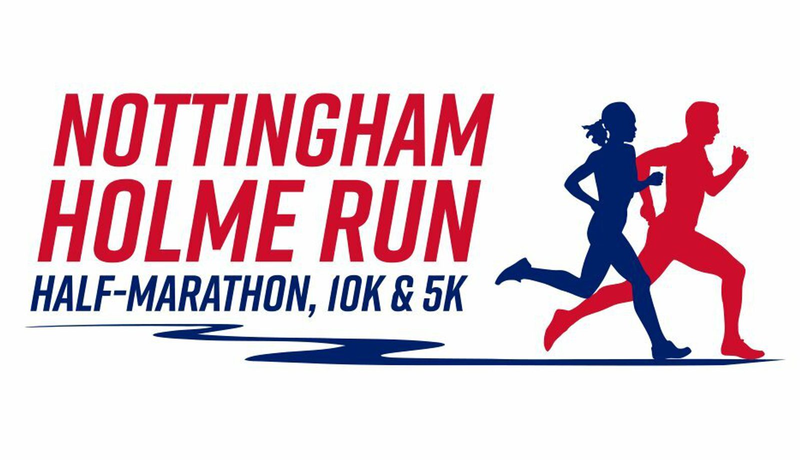 Logo for the "Nottingham Holme Run" featuring a red and blue silhouette of two runners. The text reads “Nottingham Holme Run Half-Marathon, 10K & 5K” in bold red and blue letters.