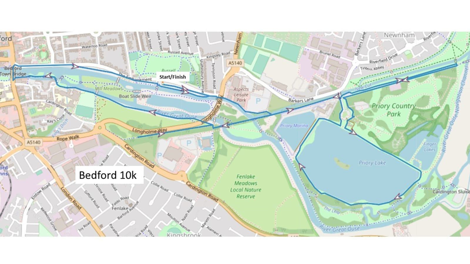 A detailed map of the Bedford 10k running route. The path goes along the river, starting and finishing at the same point. It meanders through Priory Country Park, crosses Longholme Way, and includes Priory Lake. Landmarks and streets are labeled for guidance.