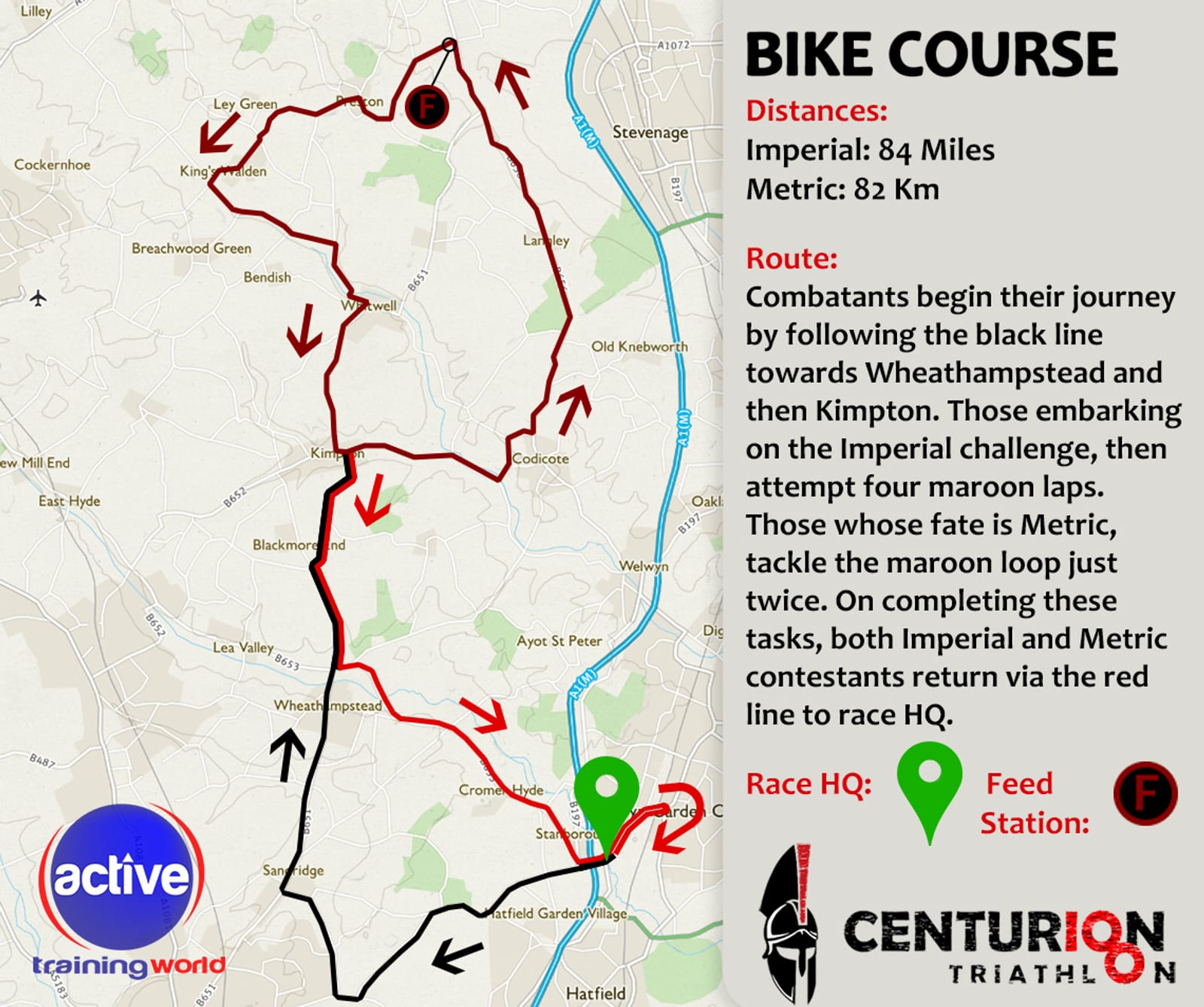Map showing the bike course for the Centurion Triathlon. The route begins at Race HQ, marked with a green flag, and includes distances for Imperial (84 miles) and Metric (82 km) courses. The feed station is marked with red F. Black lines with red arrows indicate directions.