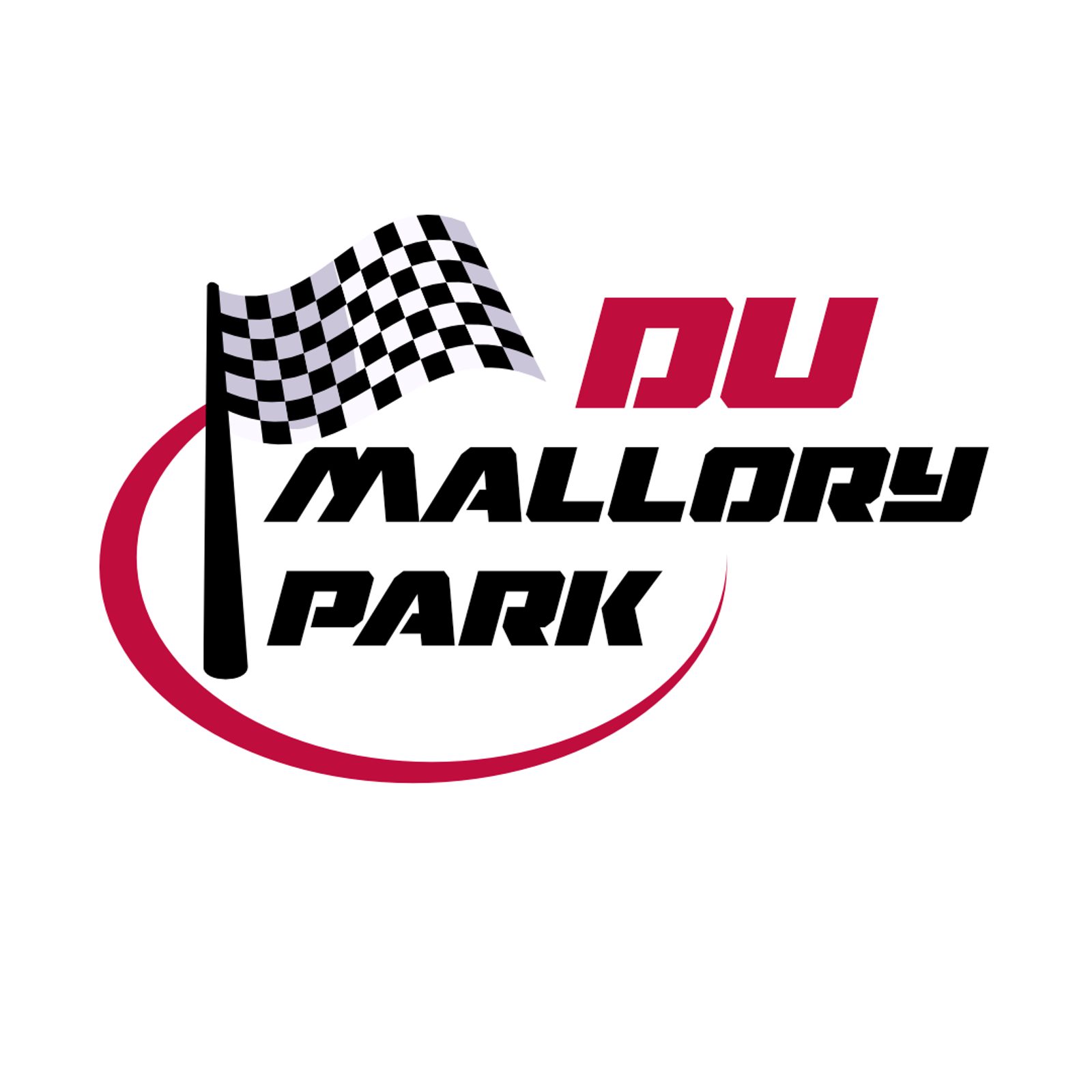 The image shows a logo with a checkered racing flag and the text "DU Mallory Park." The flag is positioned to the left, and the text is stylized in black and red with a swoosh underneath.