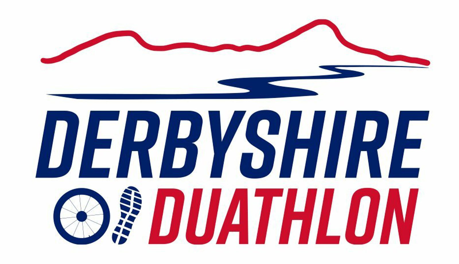 Logo for the Derbyshire Duathlon featuring a red outline of a mountain range above a blue winding road. Below the imagery, "DERBYSHIRE" is written in bold blue letters and "DUATHLON" in bold red letters. Icons of a bike wheel and a running shoe are also included.