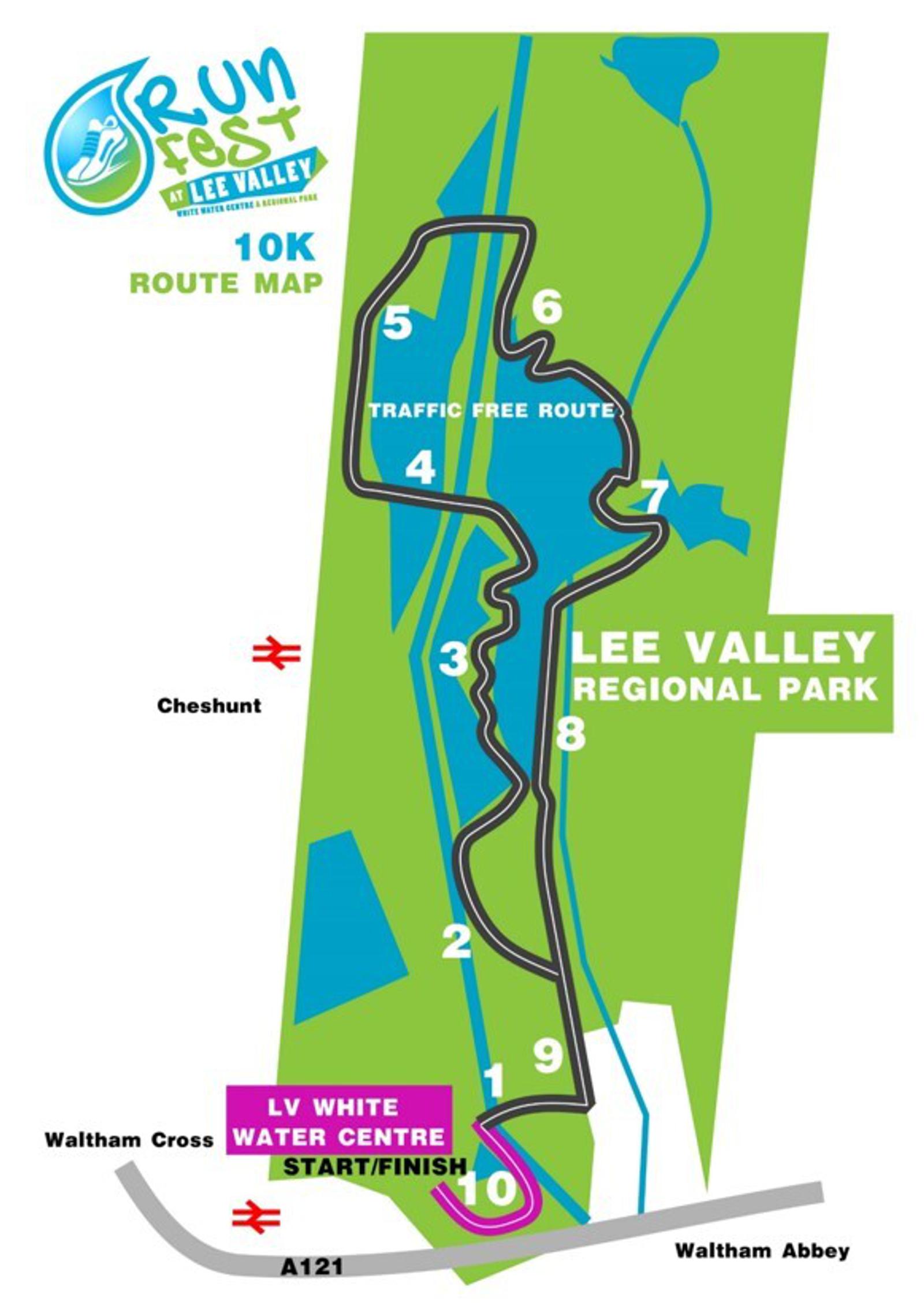 A map of the 10K route for Run Fest at Lee Valley Regional Park. Starting and finishing at the LV White Water Centre, the route loops through marked checkpoints 1 to 9 in a green park area. Nearby landmarks include the A121, Waltham Cross, and Cheshunt stations.