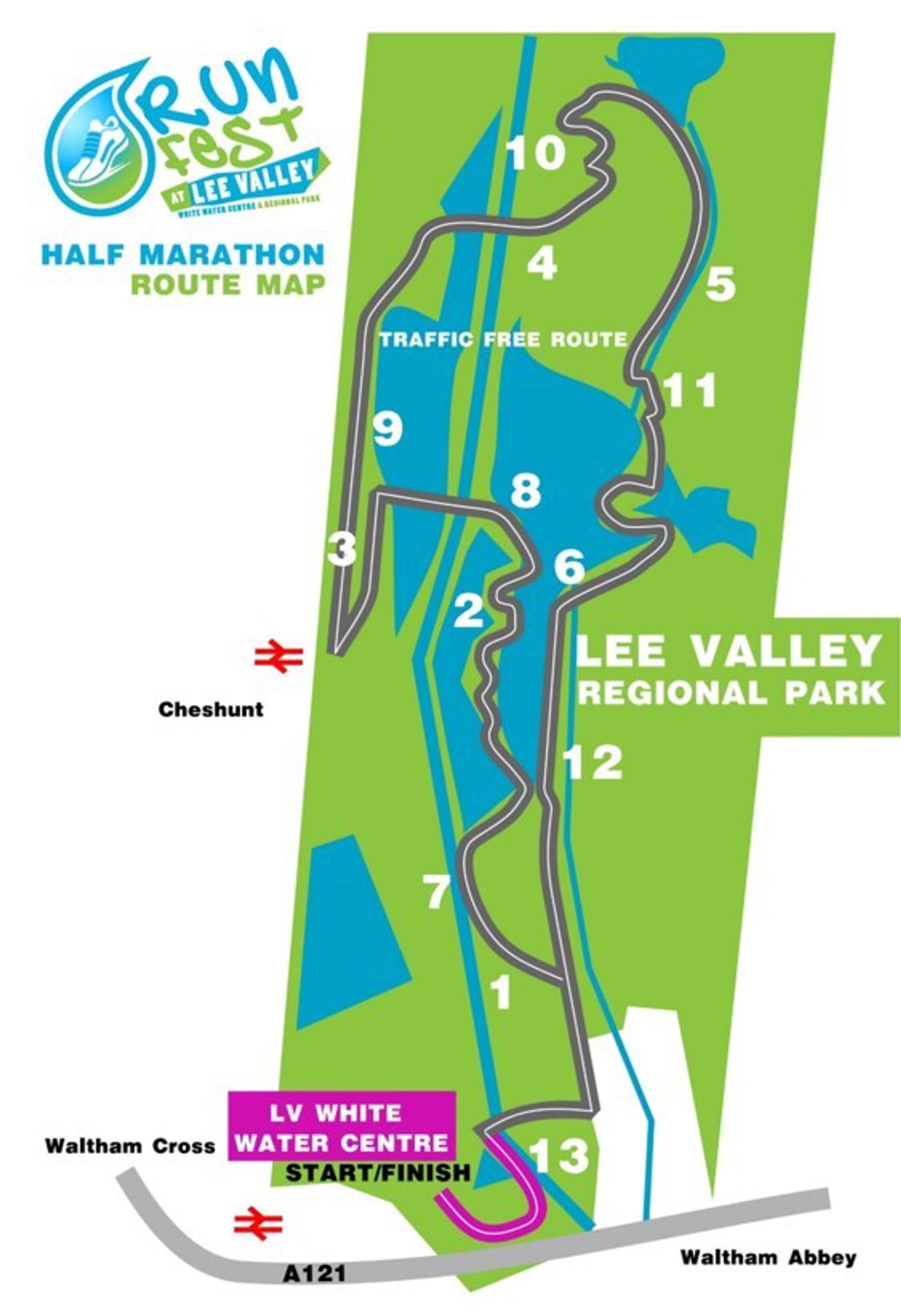 A colorful map of the Lee Valley Regional Park for a half marathon route. The route is marked with a black line, looping through points 1 to 13. Key landmarks include the LV White Water Centre and nearby areas like Cheshunt and Waltham Cross.