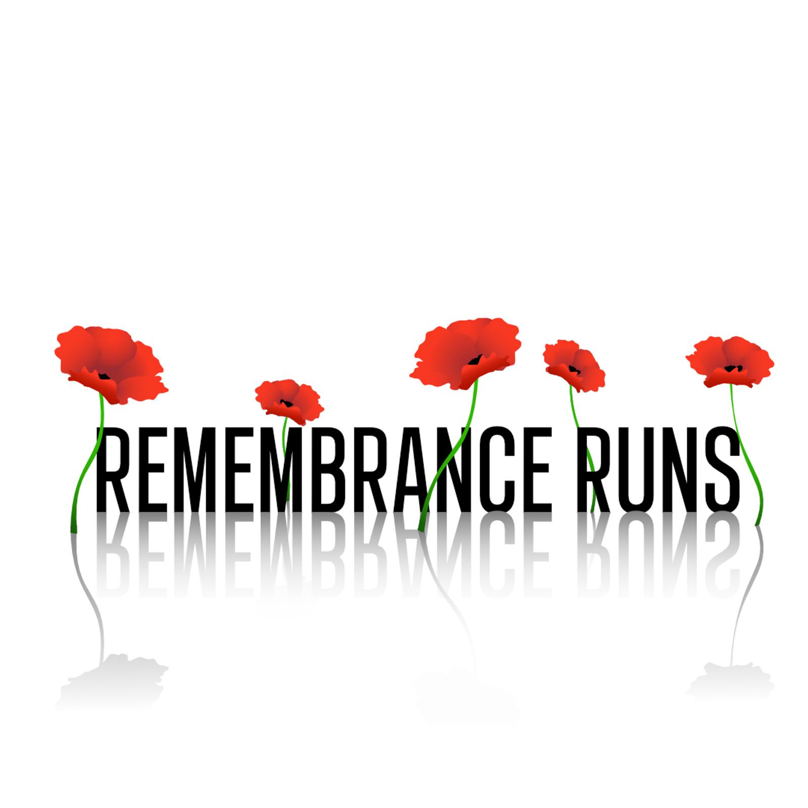 The image features the words "REMEMBRANCE RUNS" in bold black capital letters with a mirrored reflection below. Red poppy flowers with green stems are integrated into the letters, symbolizing remembrance and honoring individuals. The background is white.