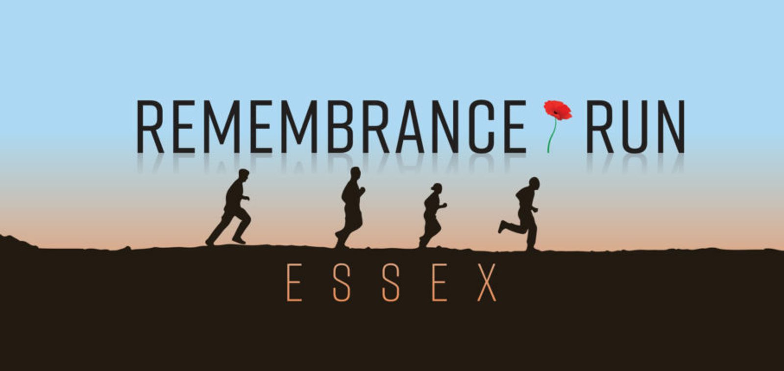 A graphic design for the "Remembrance Run Essex" featuring silhouettes of four runners in various running poses. The text "Remembrance Run" is displayed at the top with a small poppy flower, and "Essex" is written below the runners.