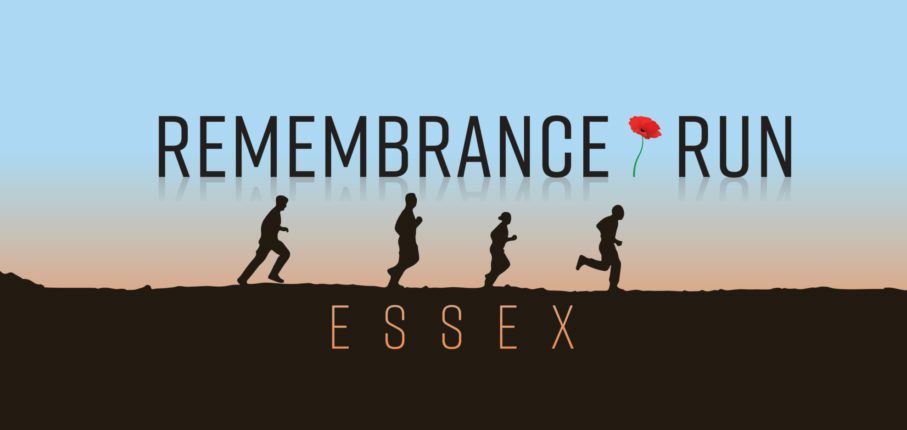 A graphic design for the "Remembrance Run Essex" featuring silhouettes of four runners in various running poses. The text "Remembrance Run" is displayed at the top with a small poppy flower, and "Essex" is written below the runners.
