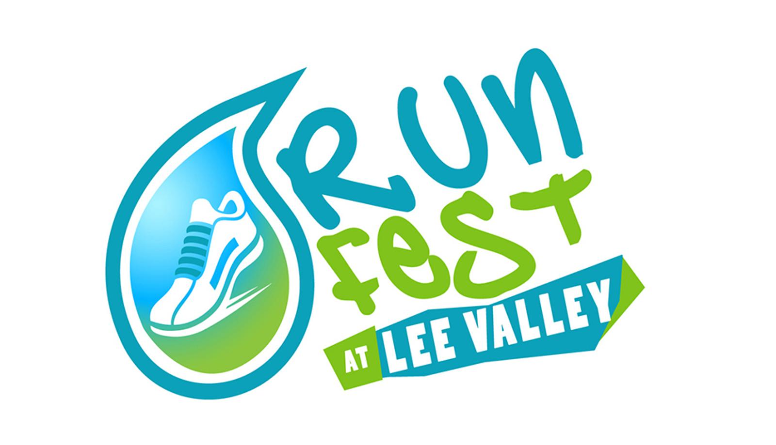 Logo for "Run Fest at Lee Valley" featuring a stylized water droplet containing a running shoe on the left. The words "Run Fest" are in playful blue and green typography, and "at Lee Valley" is written in white on a green banner at the bottom.