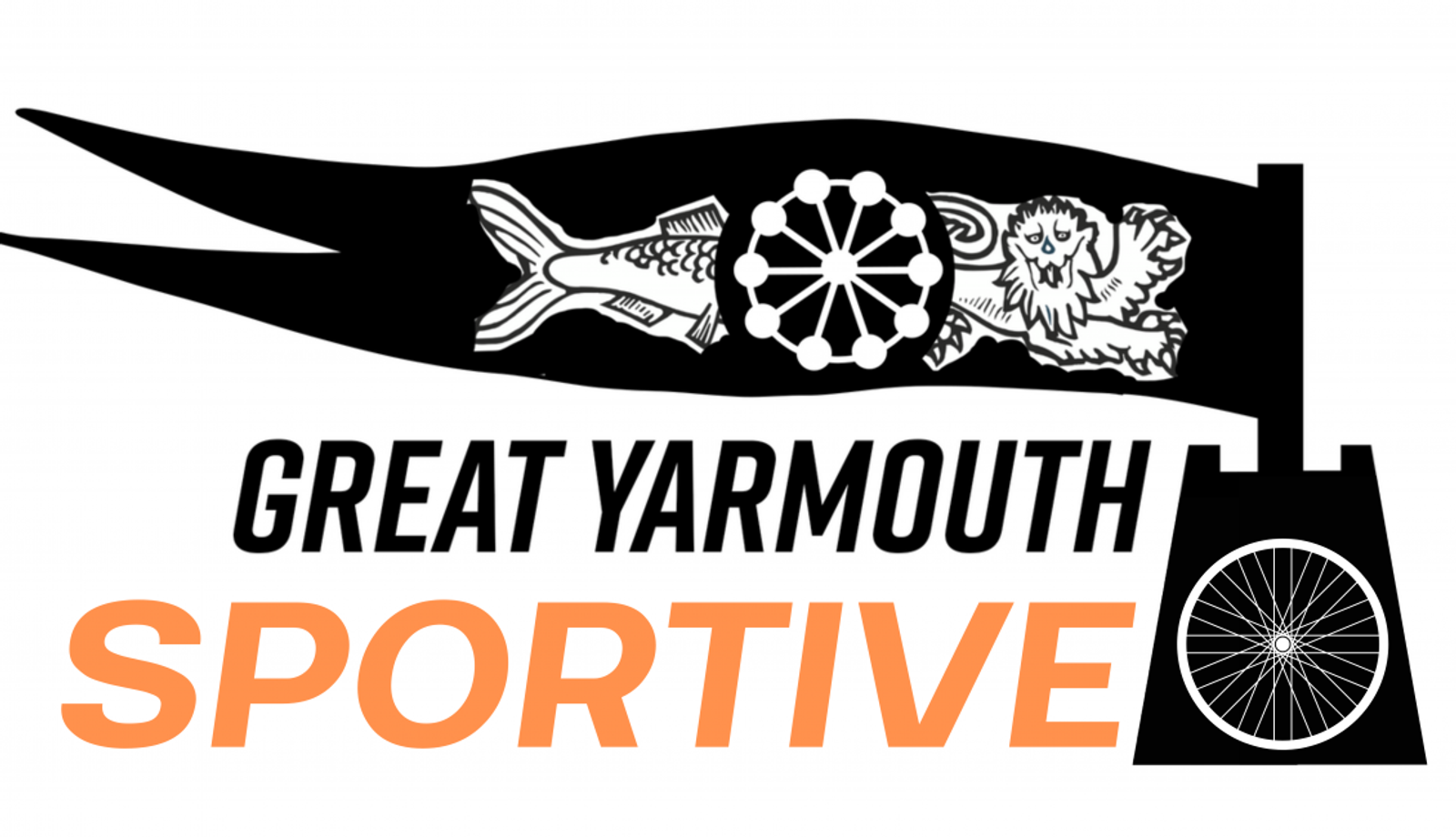 Black and white banner with illustrations of a fish, a wheel, and a lion above the text "Great Yarmouth Sportive" in black and orange lettering, respectively. The right side shows a structure with a wheel at its base.