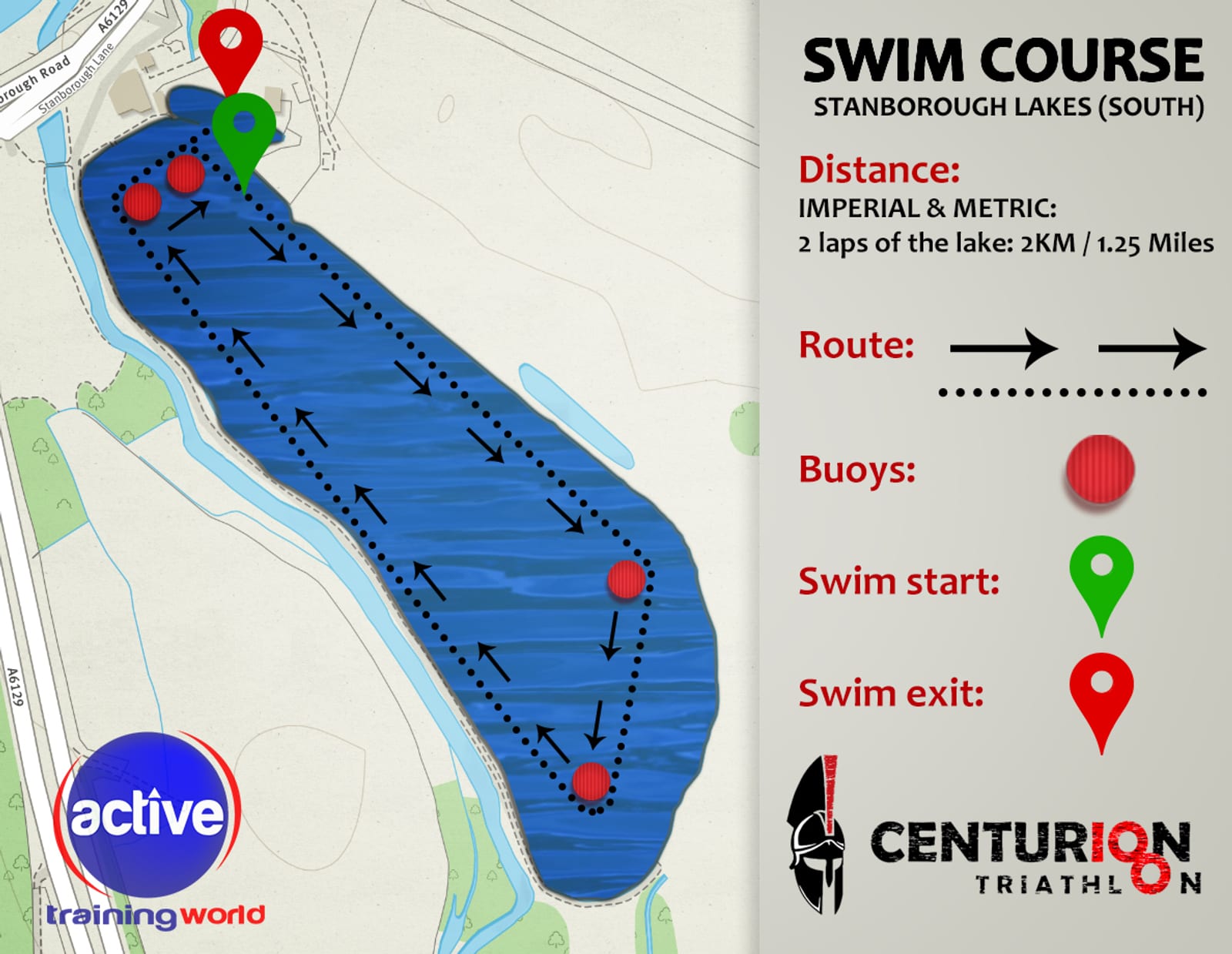 An illustrated map of the swim course at Stanborough Lakes South, featuring a rectangular route. The course involves 2 laps totaling 2KM/1.25 miles. Key points include start, exit, and buoys marked with red dots. Logos for Active Training World and Centurion Triathlon are shown.