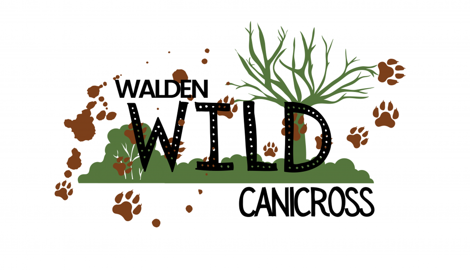 Logo for Walden Wild Canicross featuring a stylized design with paw prints, green foliage, and the text "Walden Wild Canicross." The word "Wild" is prominent, with dirt splatters and paw prints scattered around.