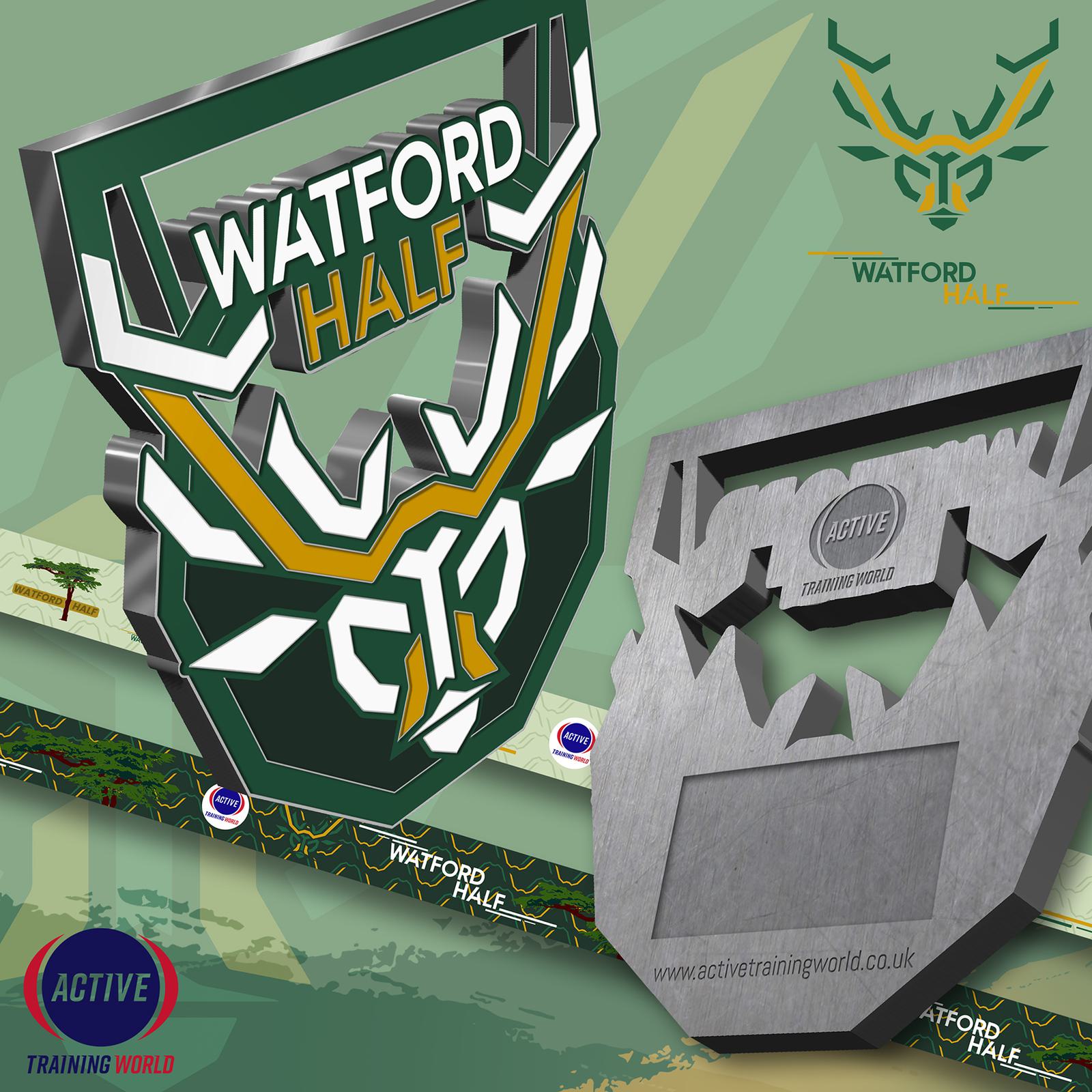 Graphic image showcasing the "Watford Half" marathon logo, featuring a stylized deer head with antlers. Includes a metallic-shaped medal design, banners, and the "Active Training World" logo. Websites for Active Training World and Watford Half are visible.