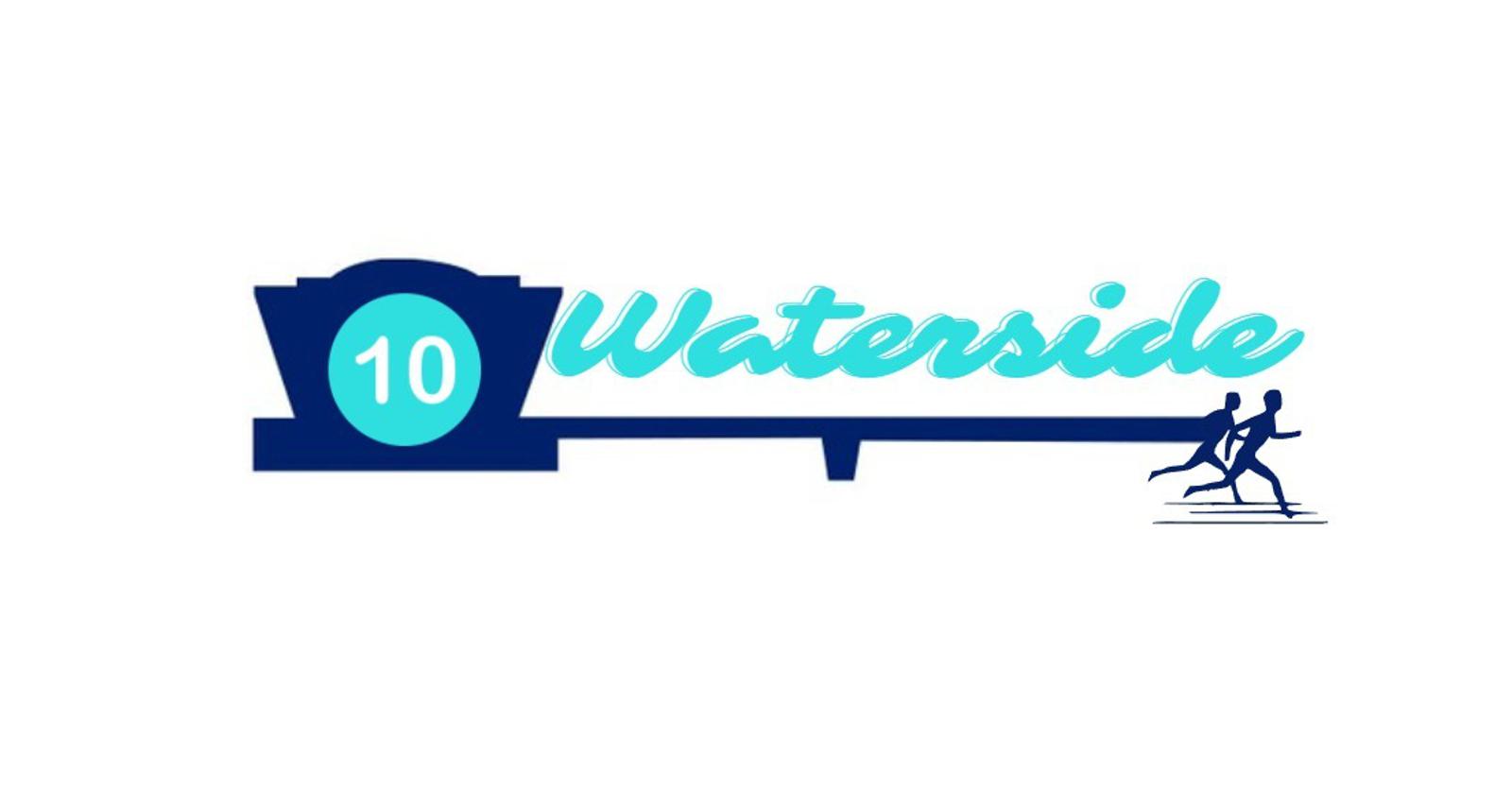 A blue and turquoise logo for the "Waterside 10" race. The number 10 is within a stylized lighthouse graphic on the left, and the word "Waterside" is written in a cursive font. To the right, two silhouette runners in motion are depicted.