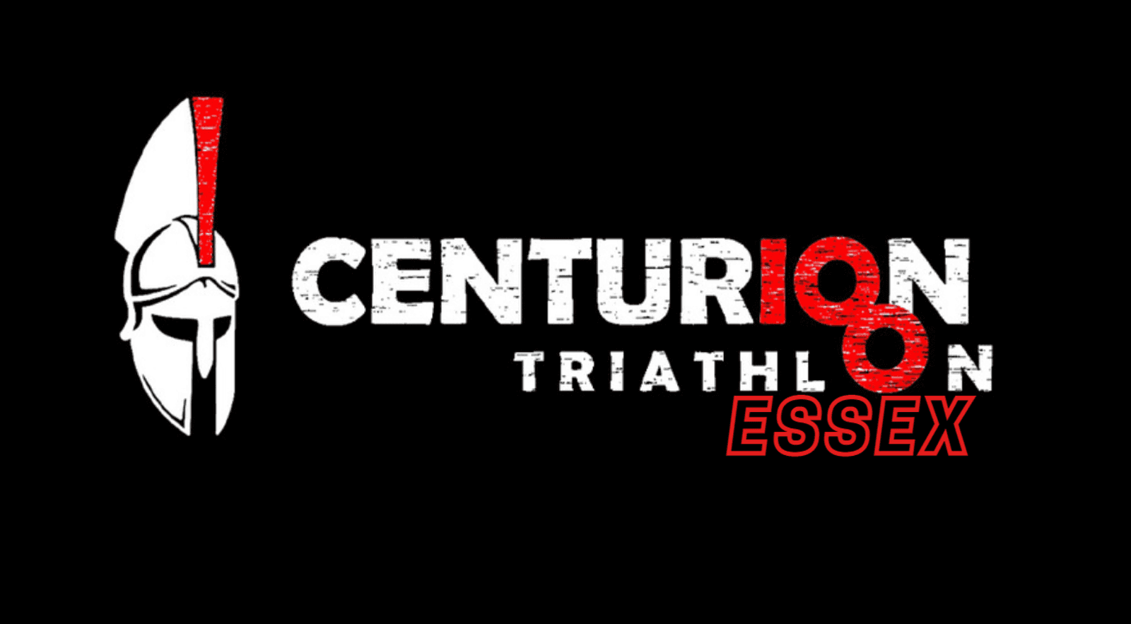 Logo for Centurion Triathlon Essex featuring a stylized white helmet on the left and the text "Centurion" in distressed white font. The "I" and "O" in "Centurion" are highlighted in red. The word "Essex" is boldly written in red below "Triathlon." The background is black.