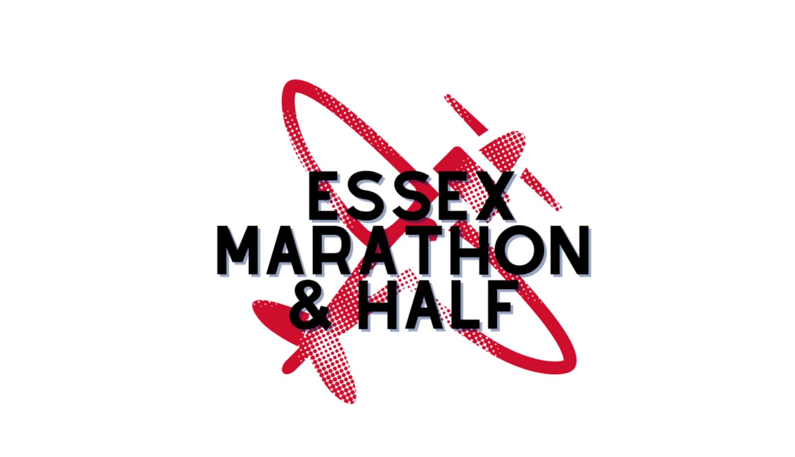 Logo for the Essex Marathon & Half features bold black text with the event name in the center, overlaid on a red graphic of an airplane and a dotted red semi-circle, all set against a white background.
