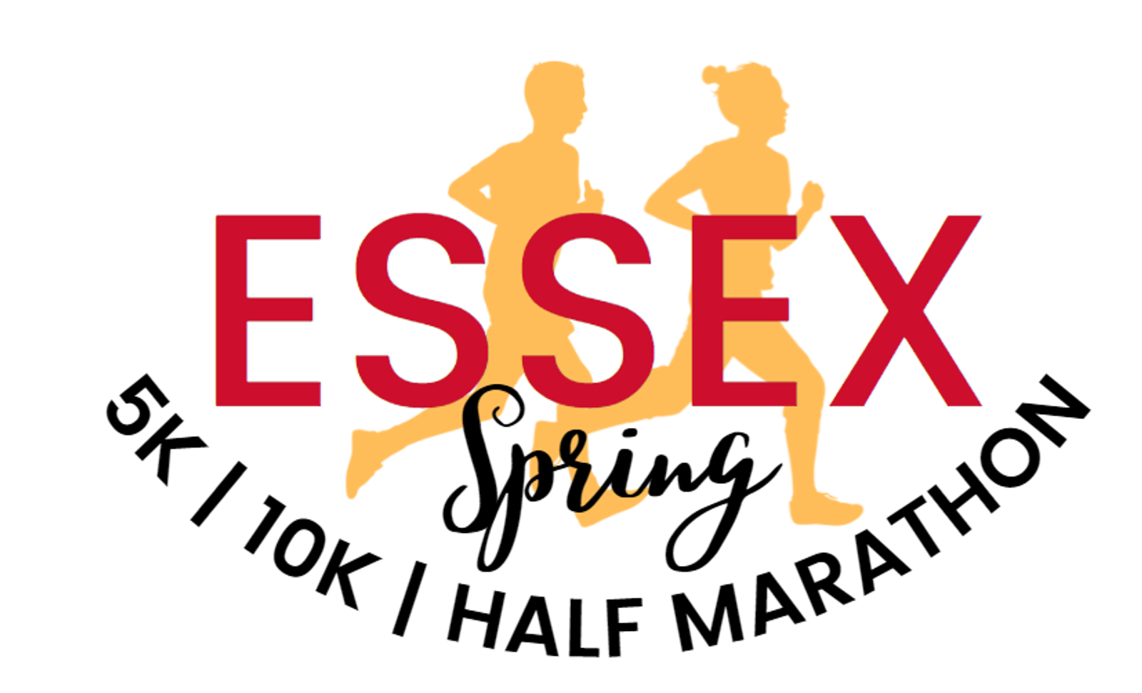 Logo for the Essex Spring race event. The text reads "ESSEX Spring 5K | 10K | Half Marathon" with silhouettes of a man and a woman running in the background.