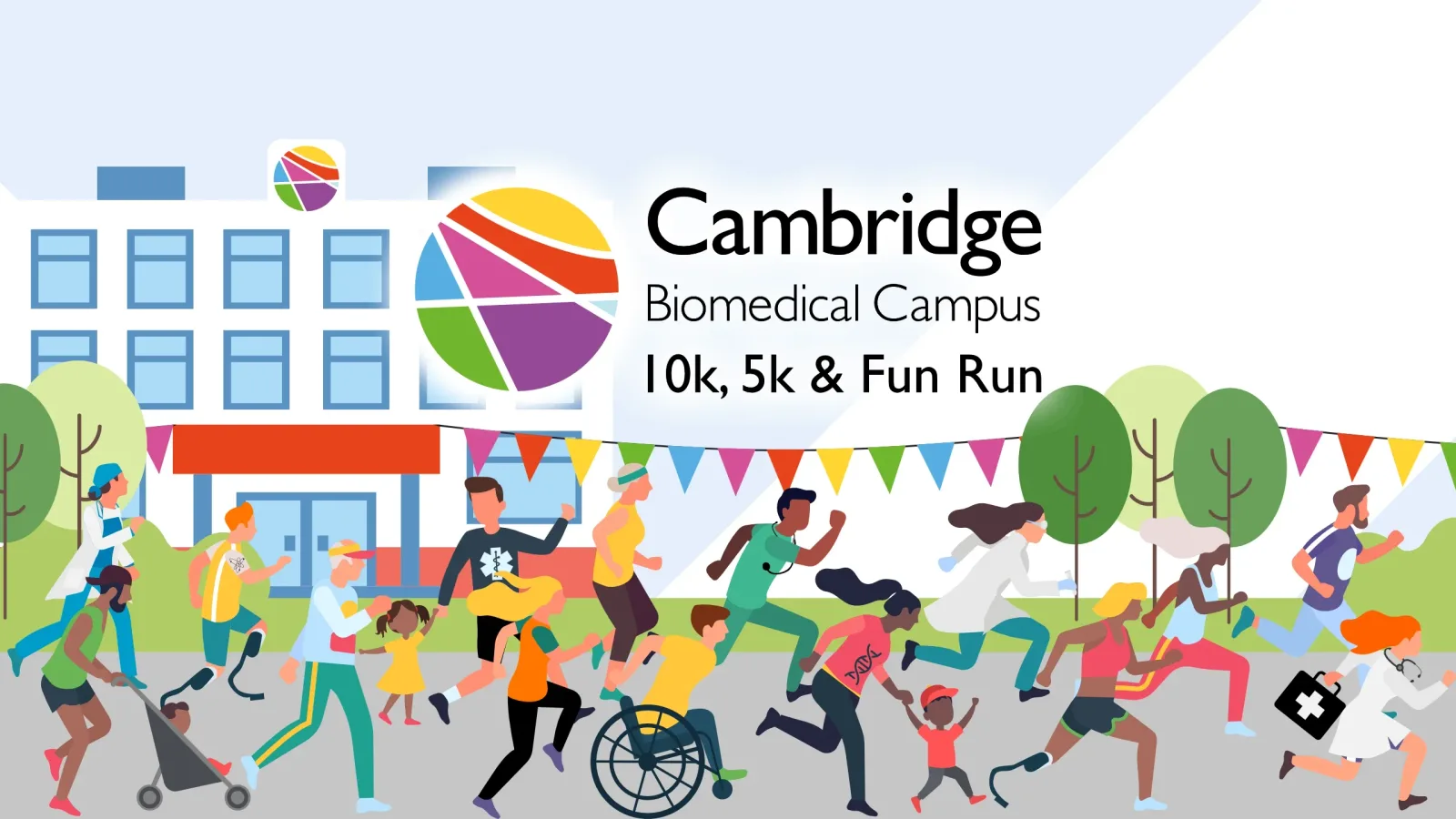 A colorful illustration of people participating in the Cambridge Biomedical Campus 10k, 5k & Fun Run. Runners of various ages and abilities, including a person in a wheelchair, are shown outside a building with festive decorations and a bright sky.