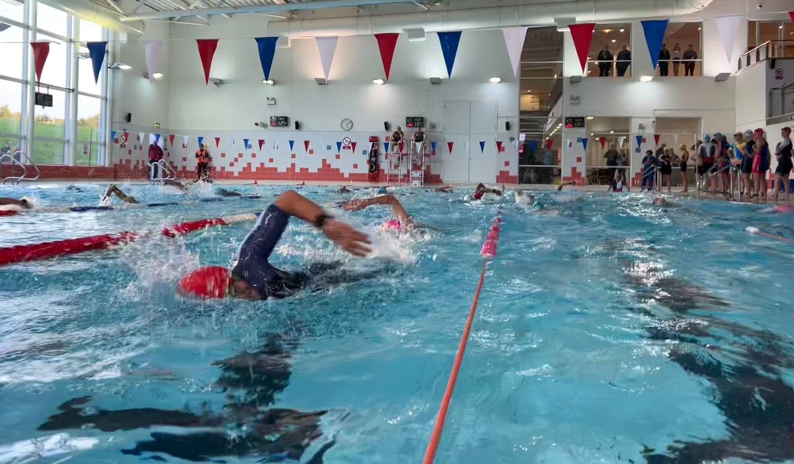 Swimmers compete in lanes of an indoor pool, with one swimmer in the foreground doing freestyle. Spectators and other swimmers stand along the poolside. Colorful flags hang overhead.